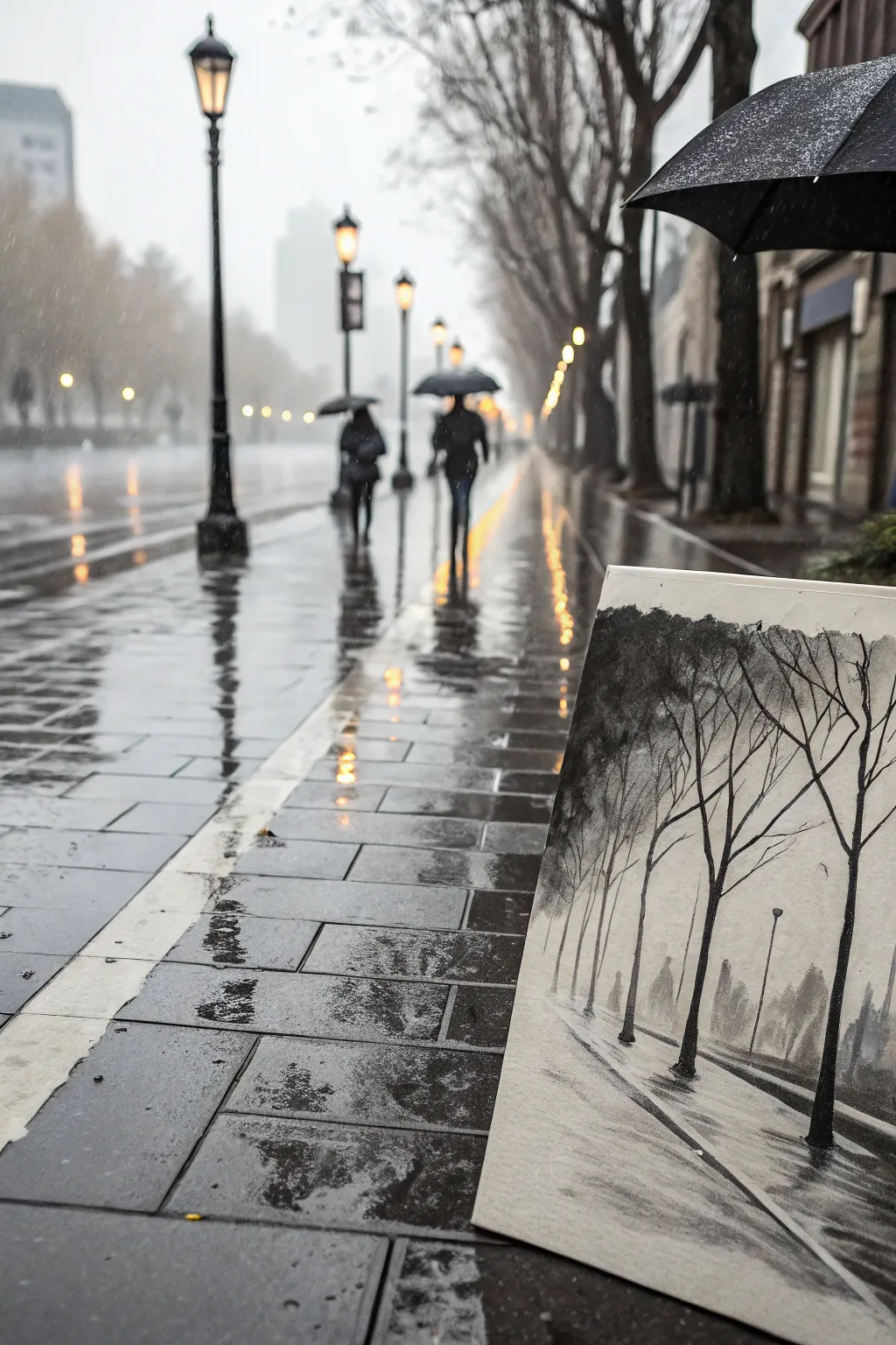 Monochrome rainy street reflections with loose brushwork, glowing light streaks, and umbrella silhouettes