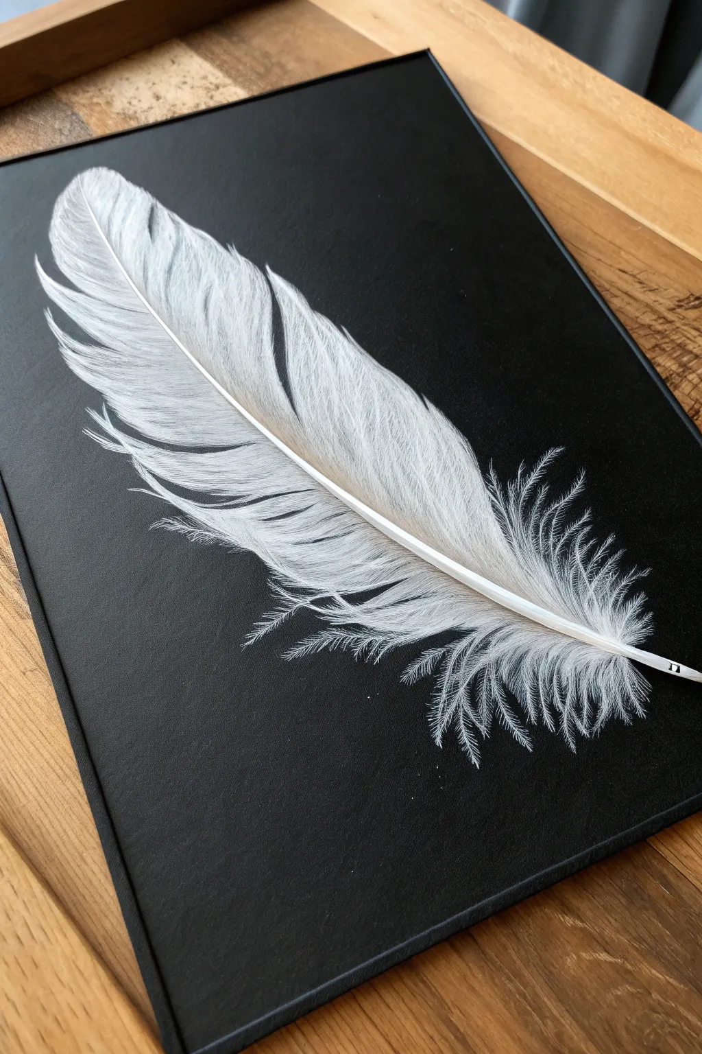 Single white feather floating on velvet-black negative space, minimal, serene, high-contrast.