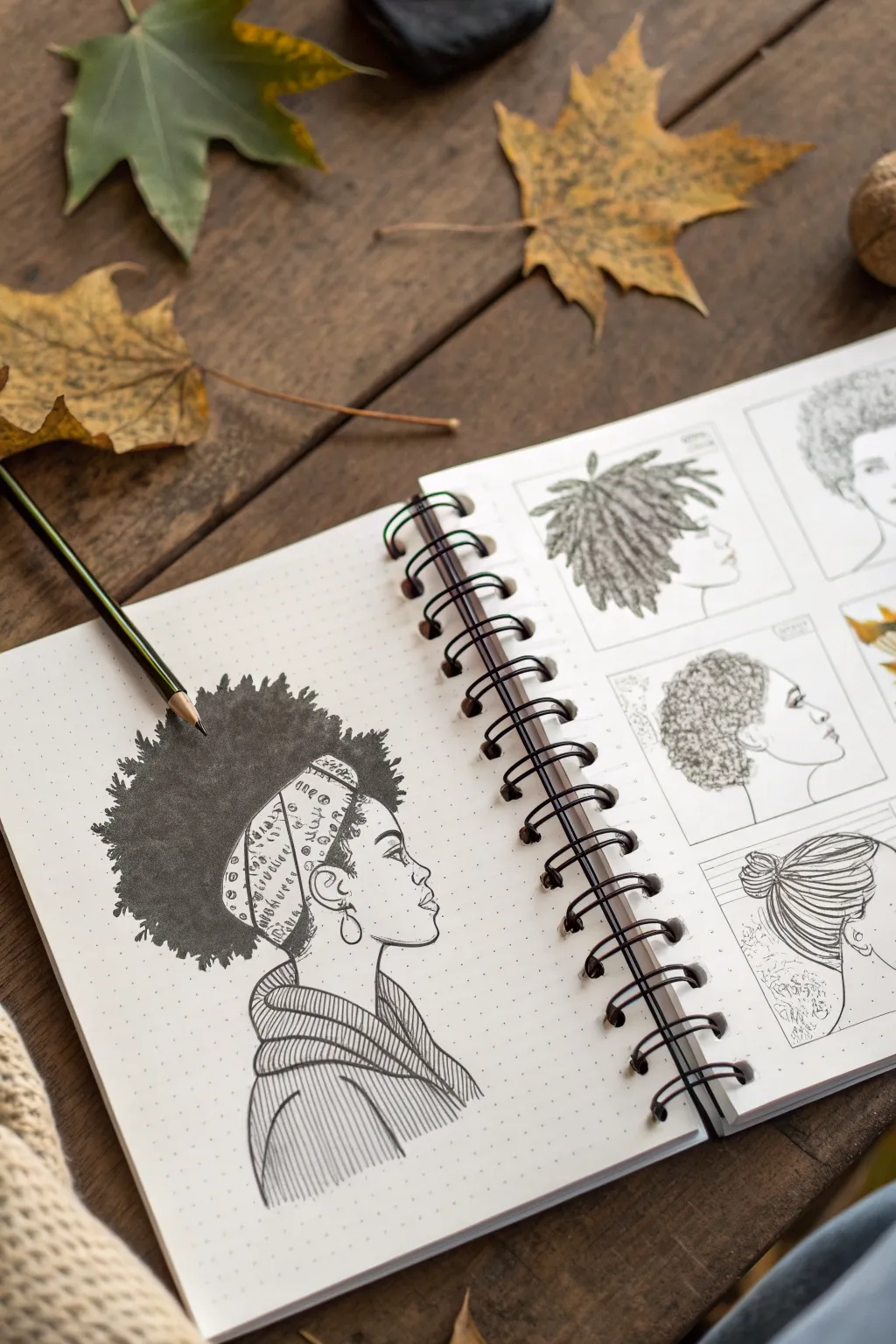 Hair texture studies page with ink silhouettes and coils, curls, locs and braids in crisp contrast