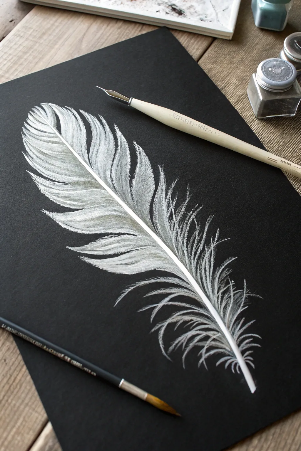 Single feather on deep black with soft gray barbs and crisp white highlights, calm and refined.