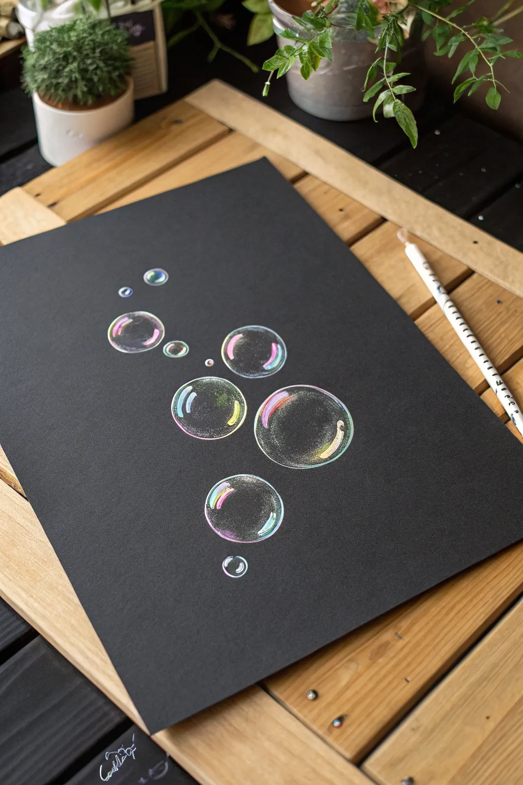 Glasslike bubbles shimmer on black paper, drawn with delicate highlights for luminous depth.