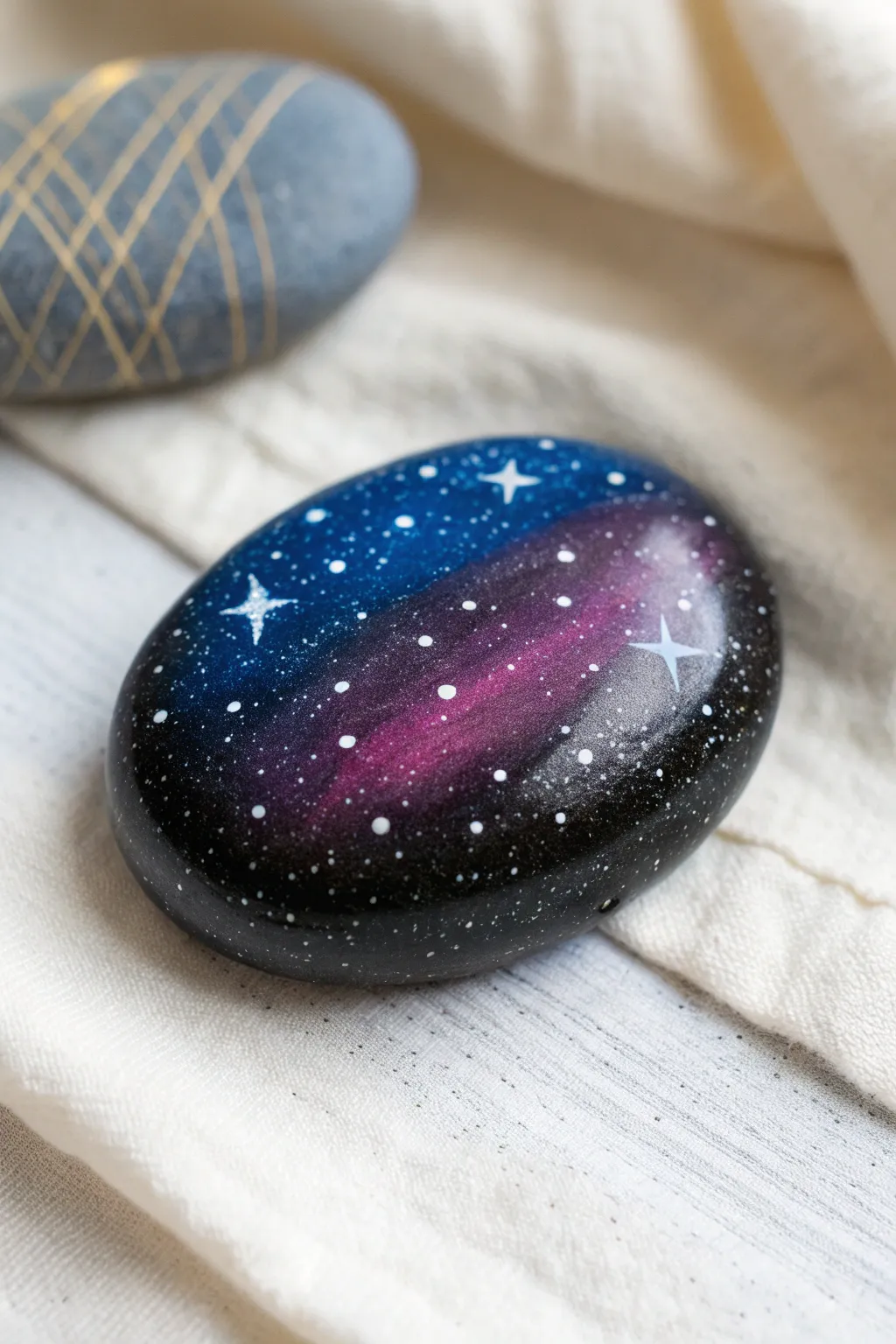 Black rock galaxy gradient with delicate star splatter, a cozy minimalist studio flat lay.