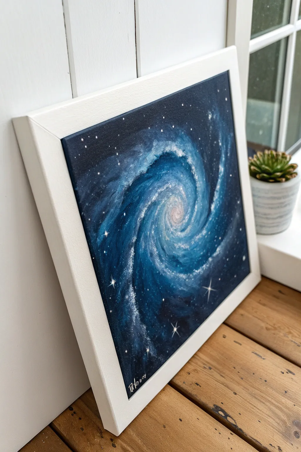 Blue nebula galaxy swirl in acrylic with smoky clouds and crisp white star highlights.
