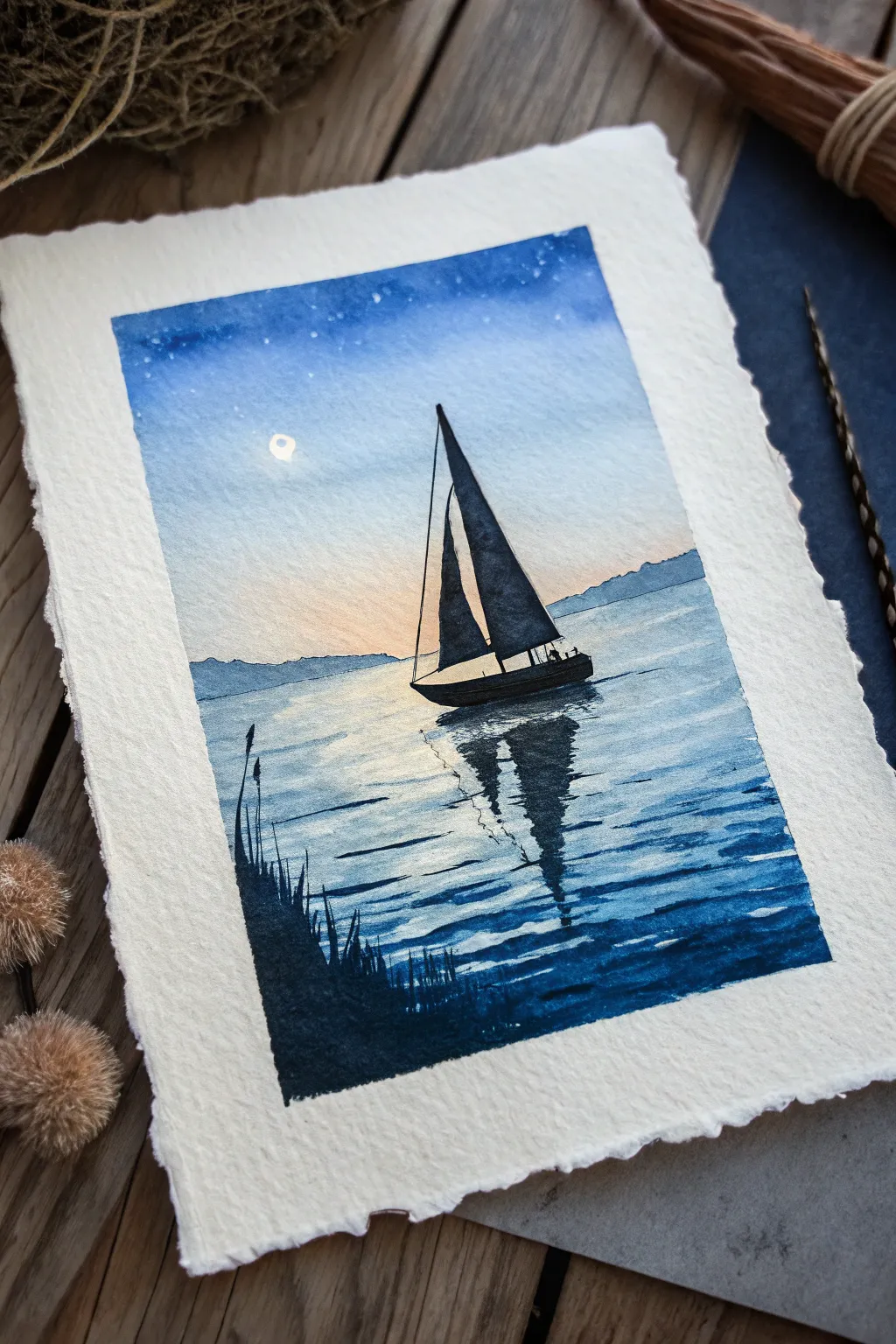 Minimal sailboat silhouette on deep blue water, soft horizon glow, calm Scandinavian-boho mood
