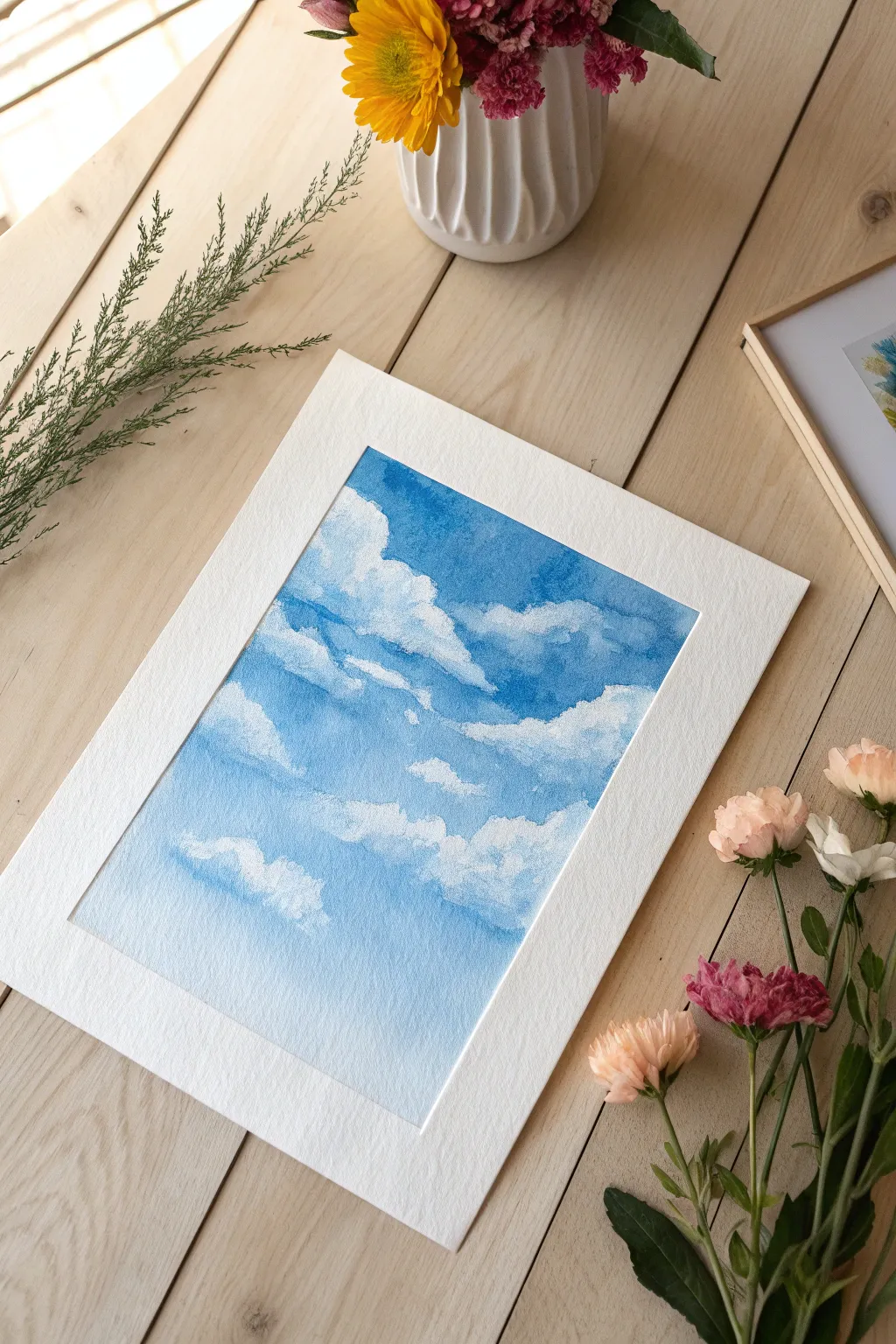 Paint a deep blue sky with gentle cloud break and glowing sunrays for a serene minimalist mood.