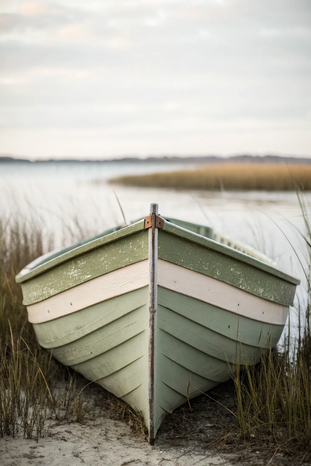 Marsh-tone camouflage hull in soft greens and browns, minimalist and stealthy by the reeds
