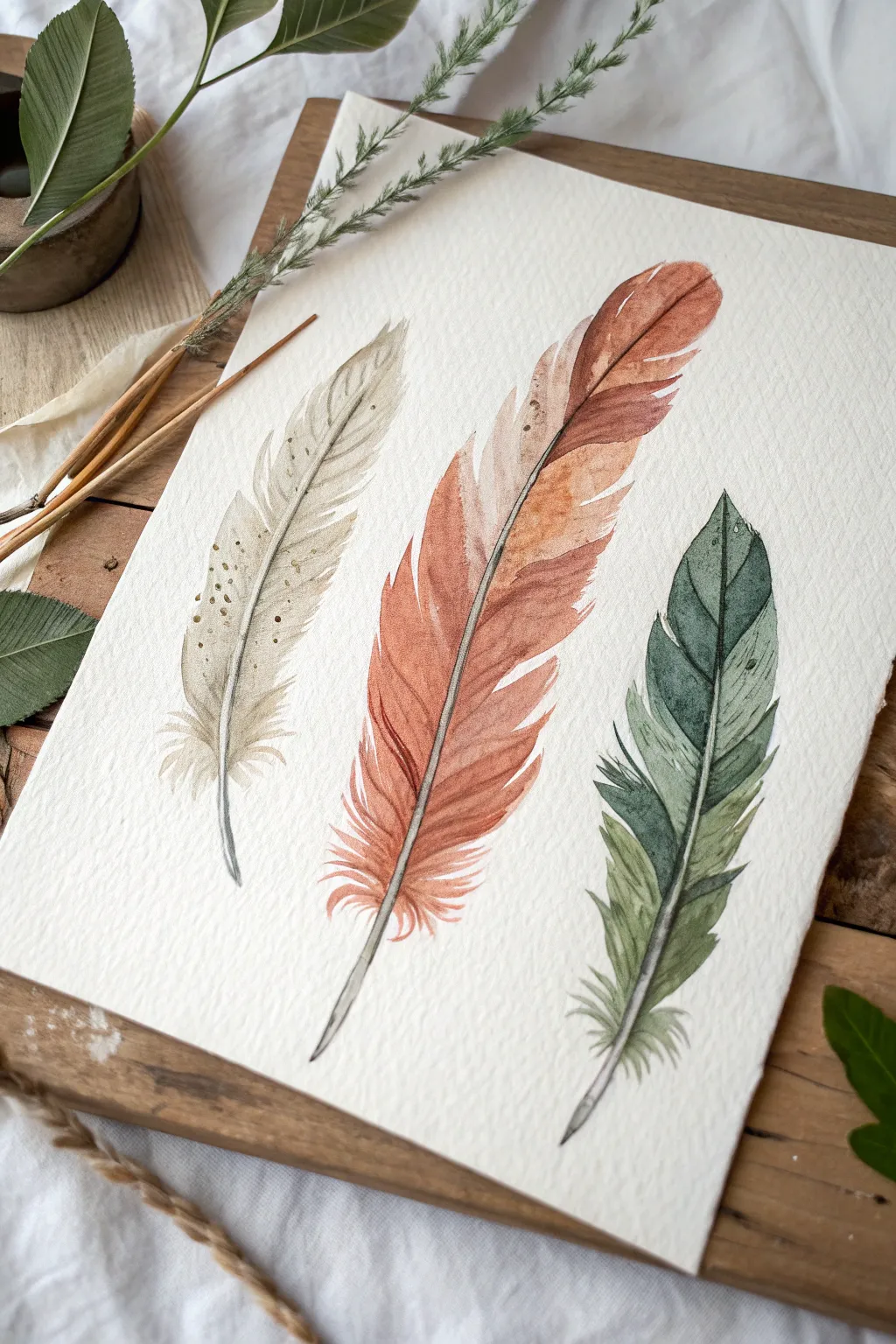 Easy boho feather study: three two-tone brushstrokes in earthy hues on clean watercolor paper.