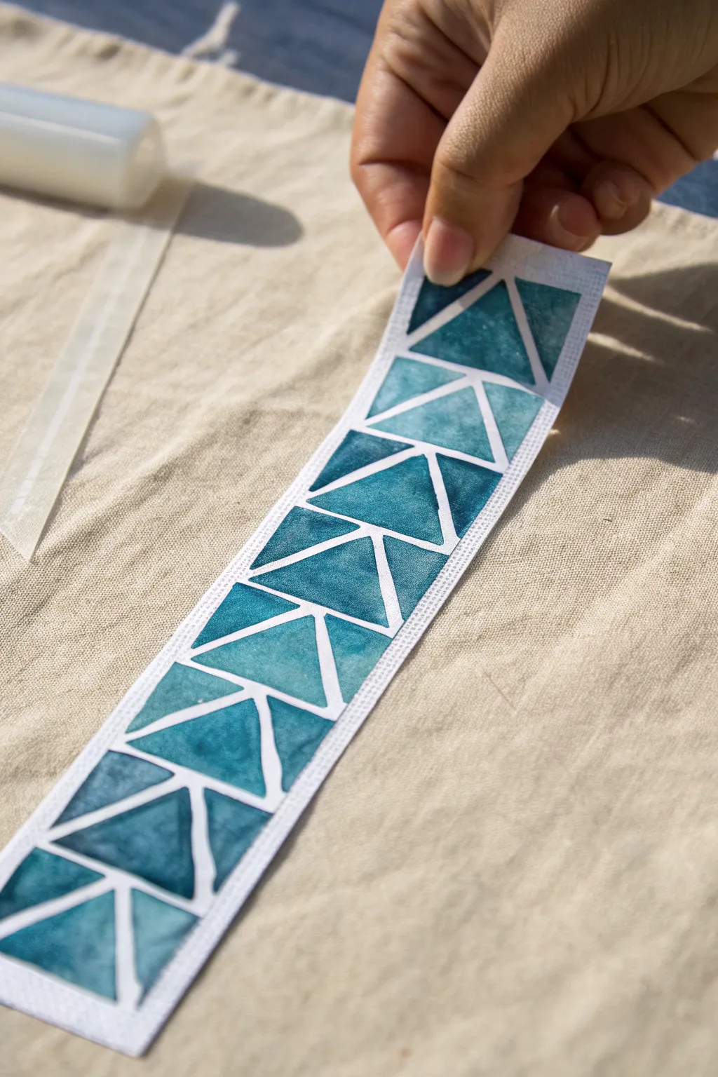 Satisfying tape peels reveal crisp geometric lines on this handmade watercolor bookmark.