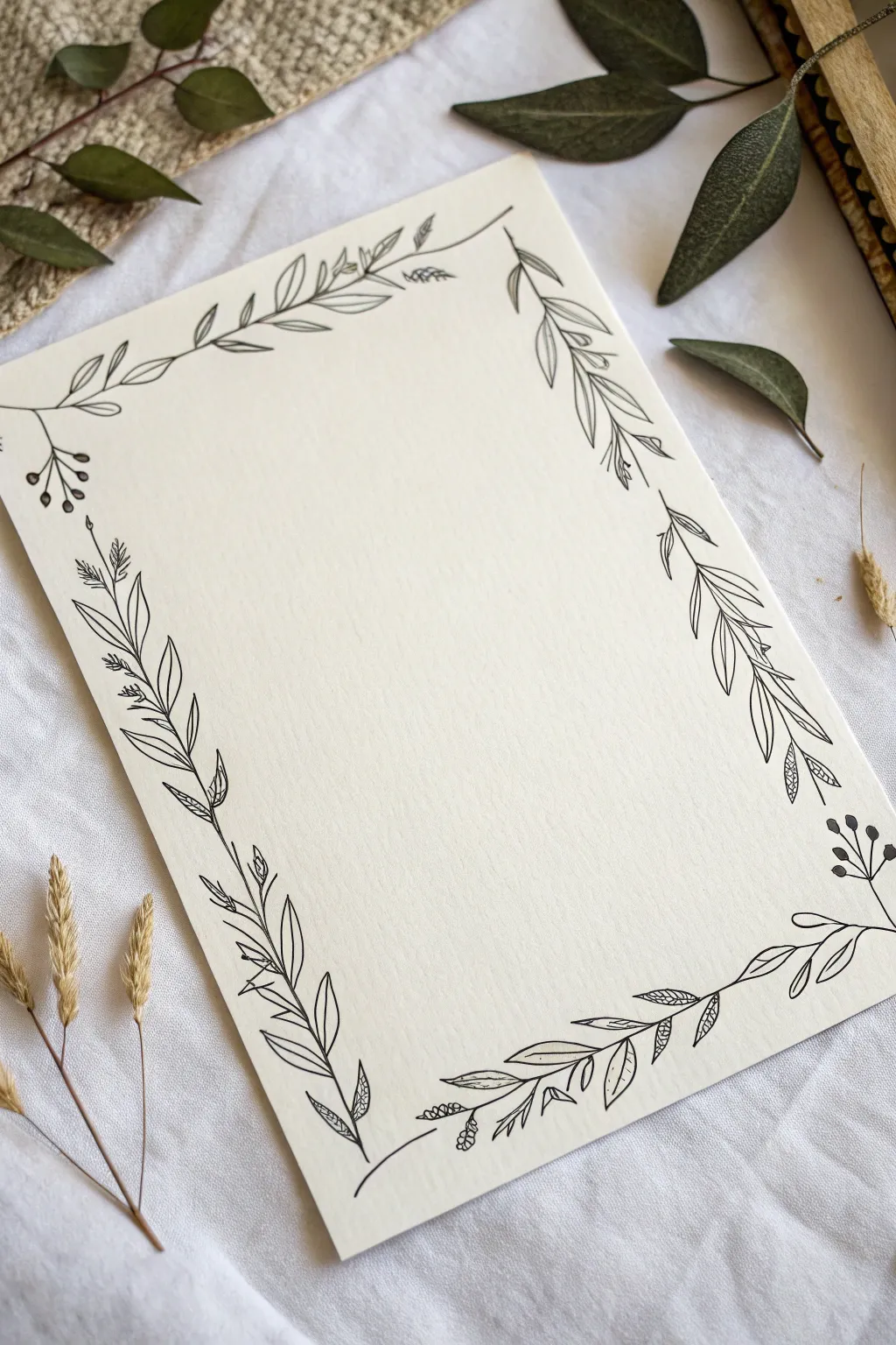Minimal leafy vine border wrapping an empty frame, airy botanical line art for fresh pages.
