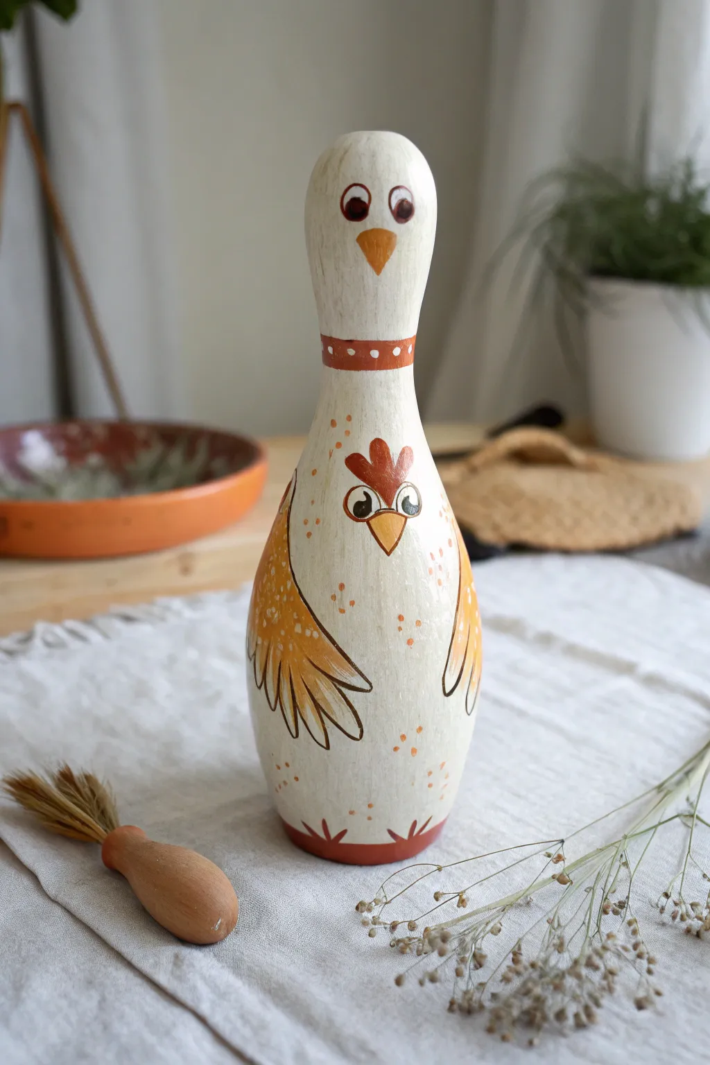 Chicken pin barnyard charm in clean Scandinavian style, simple shapes, cozy colors, crisp contrast