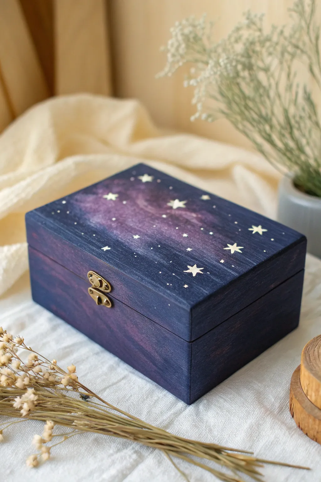 Starry galaxy painted box with sponged nebula texture and crisp white star splatter accents