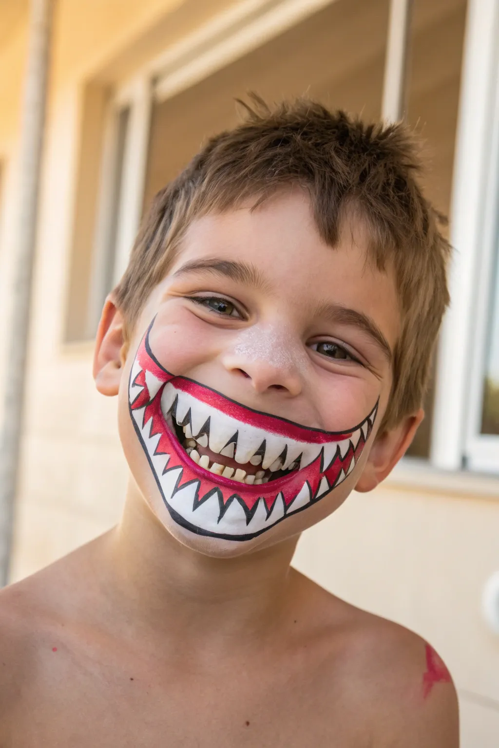 Monster teeth grin face paint: bold black outline, bright gums, and a playful oversized smile