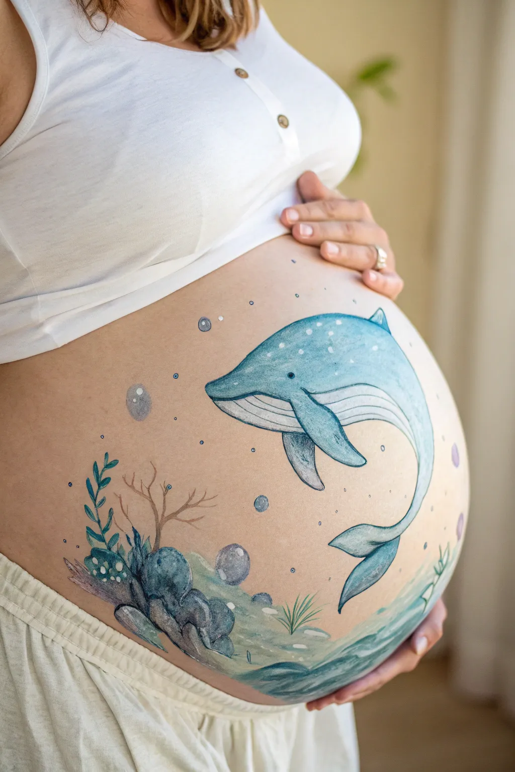 Soft blue watercolor whale belly paint with airy bubbles, minimalist Scandinavian and boho aesthetic