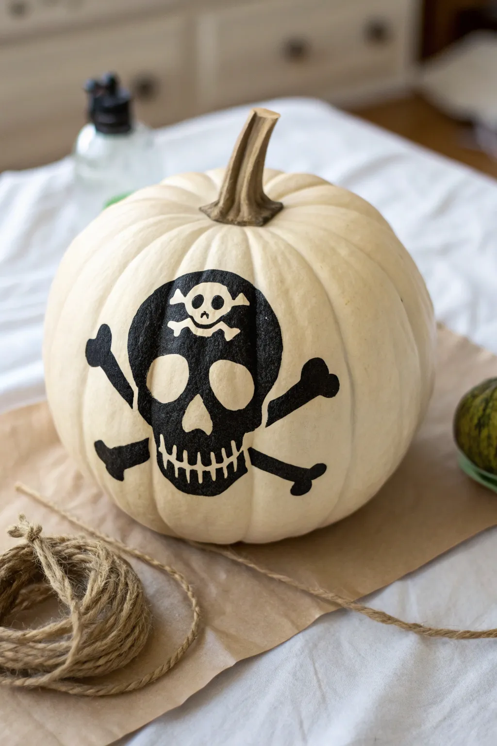 Pirate skull pumpkin in crisp black and white contrast, minimalist boho autumn styling