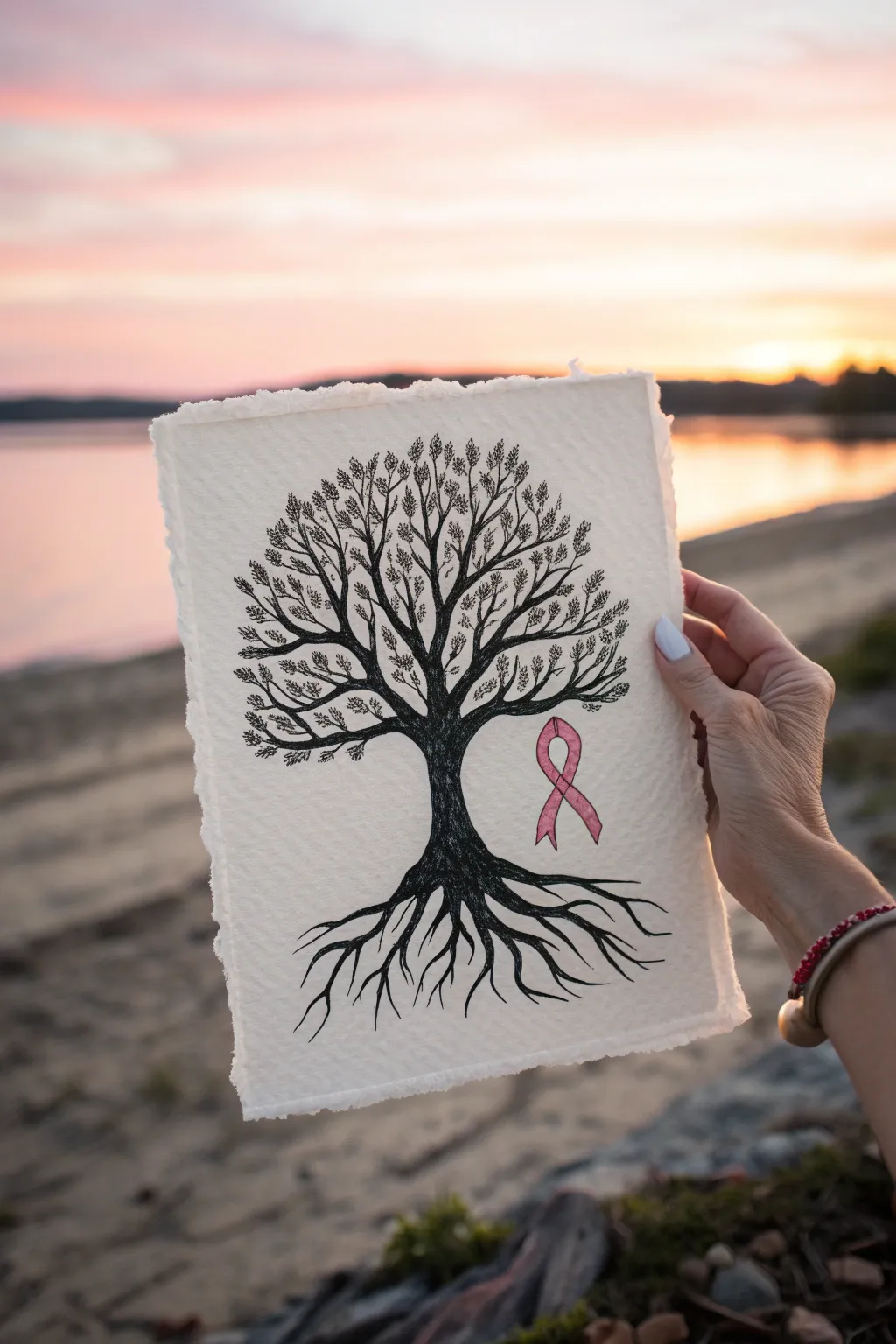 Minimal Tree of Life painting: roots become a pink ribbon, set in a serene sunset glow