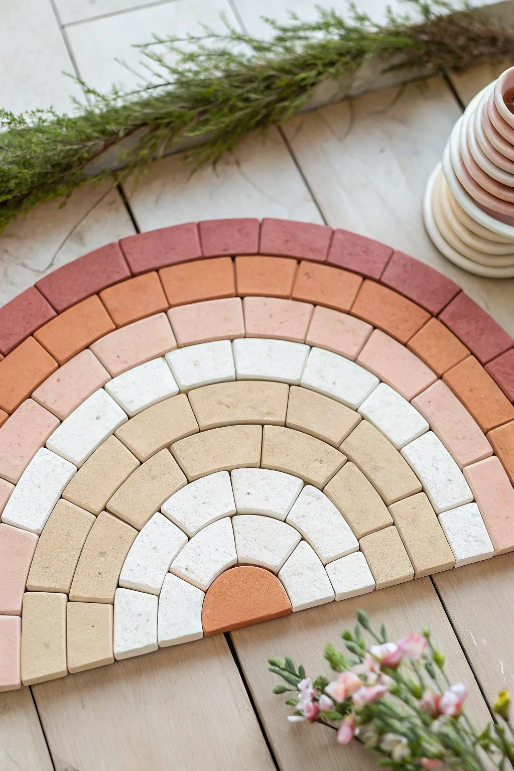Matching painted bricks form a clean rainbow mosaic, a simple modular brick art idea with contrast.
