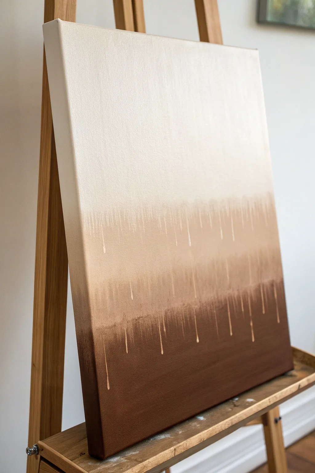 Drippy espresso ombre on canvas: minimalist beige-to-brown gradient with glossy, intentional drips