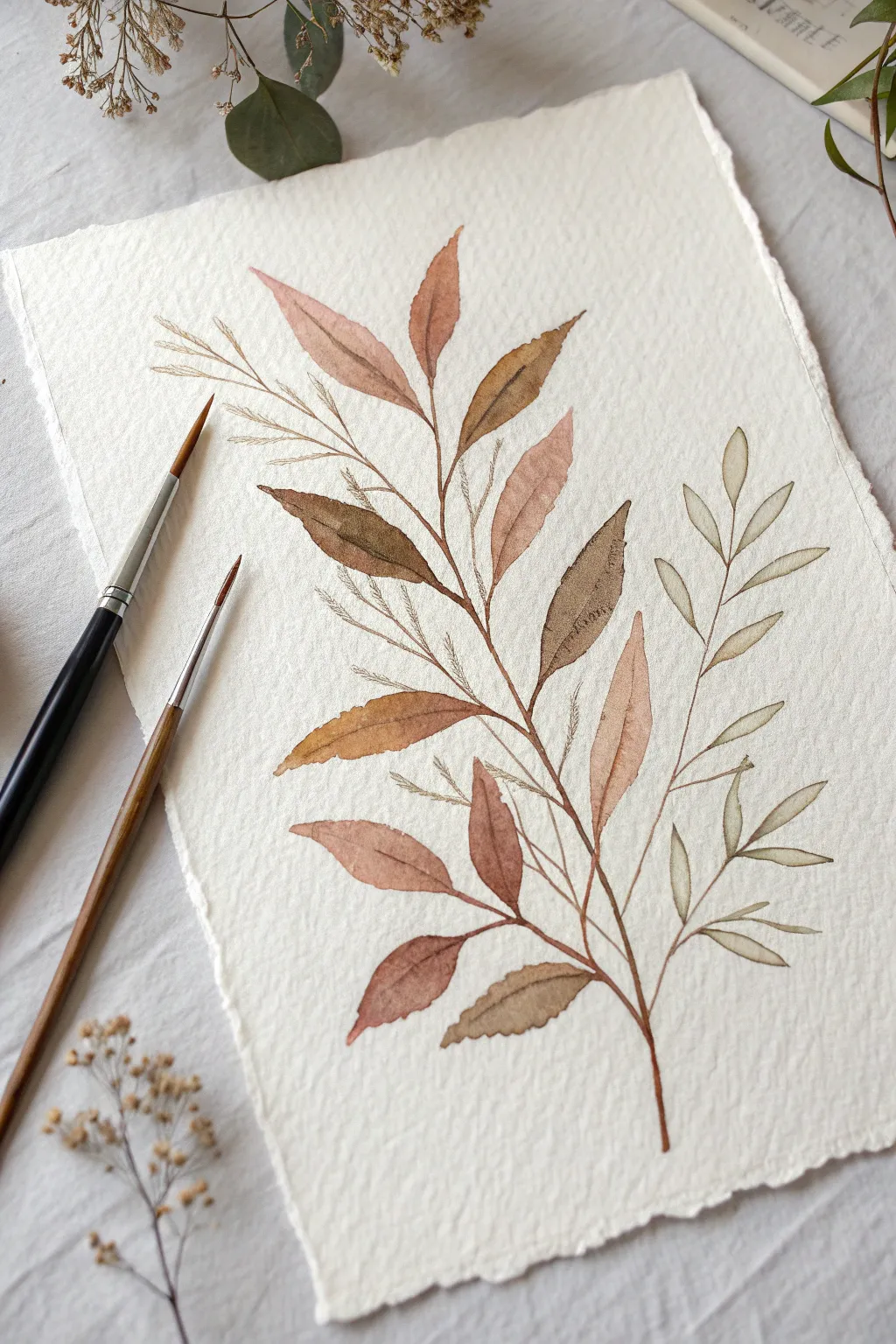 Minimal taupe botanicals on light paper for calm, modern brown painting inspiration