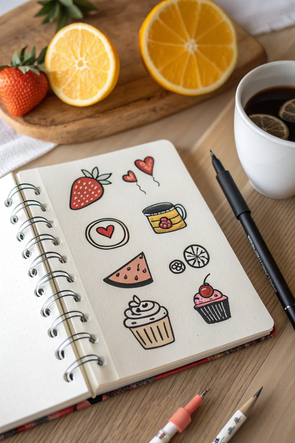 Cute brush-pen food icons with bold outlines for clean, minimalist doodle practice