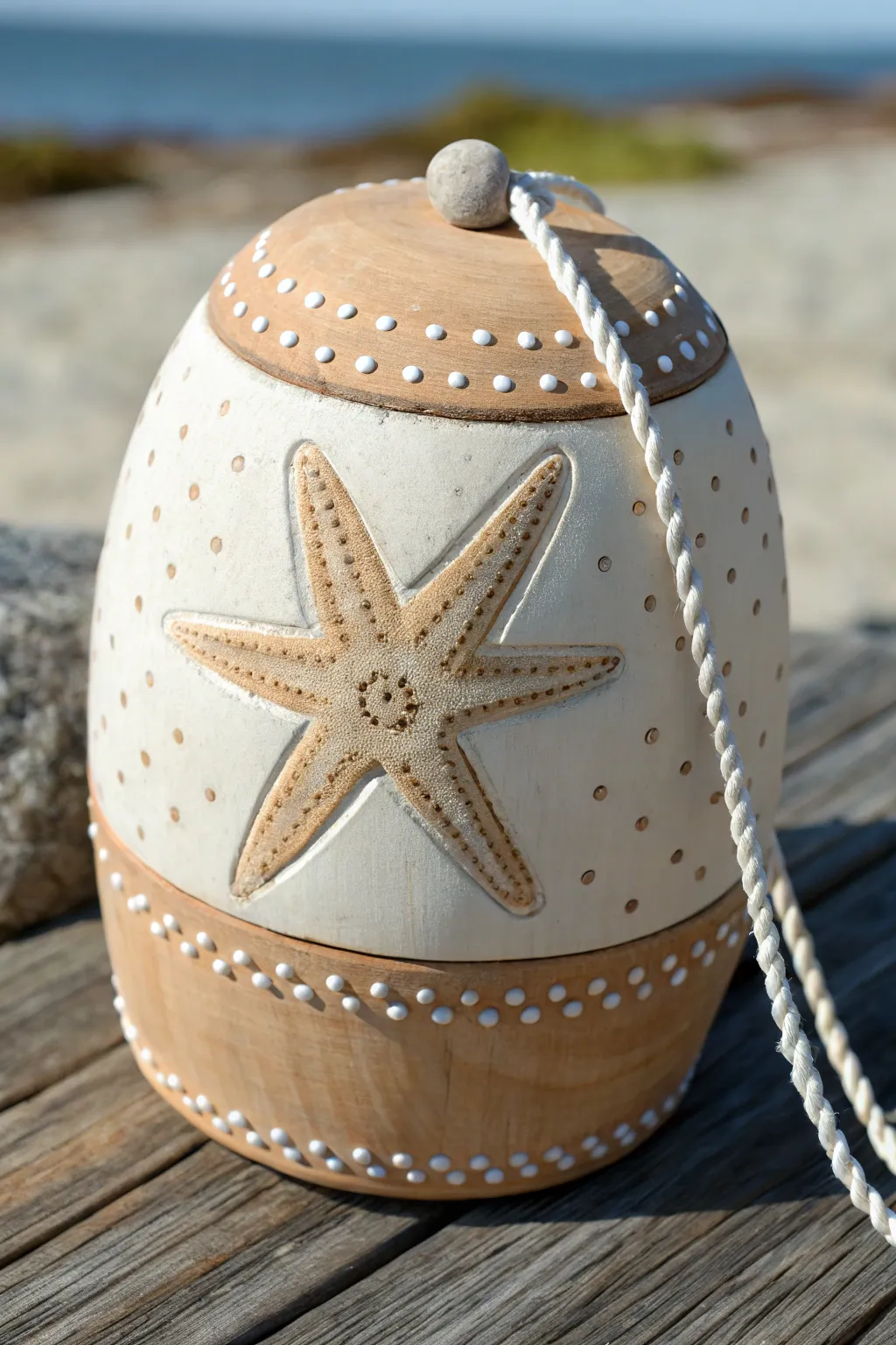 Warm neutral buoy with starfish and shell medallions, dotted texture, minimalist coastal boho
