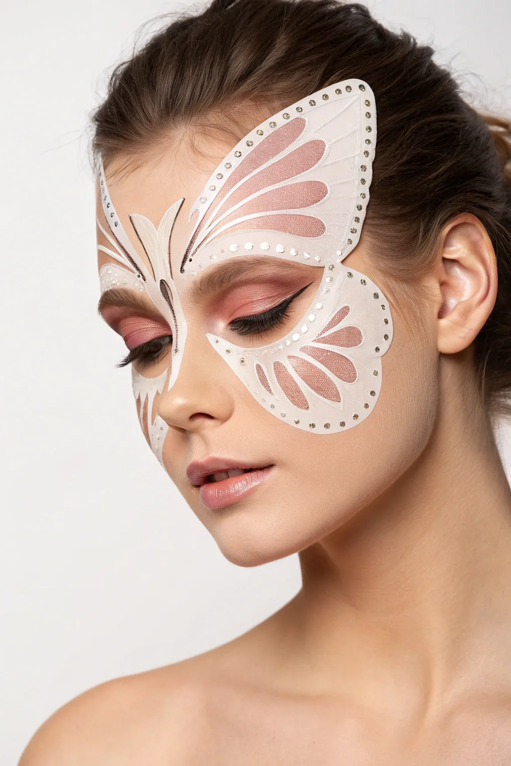 Butterfly face paint with glitter-traced wing edges and a soft matte center for extra shine