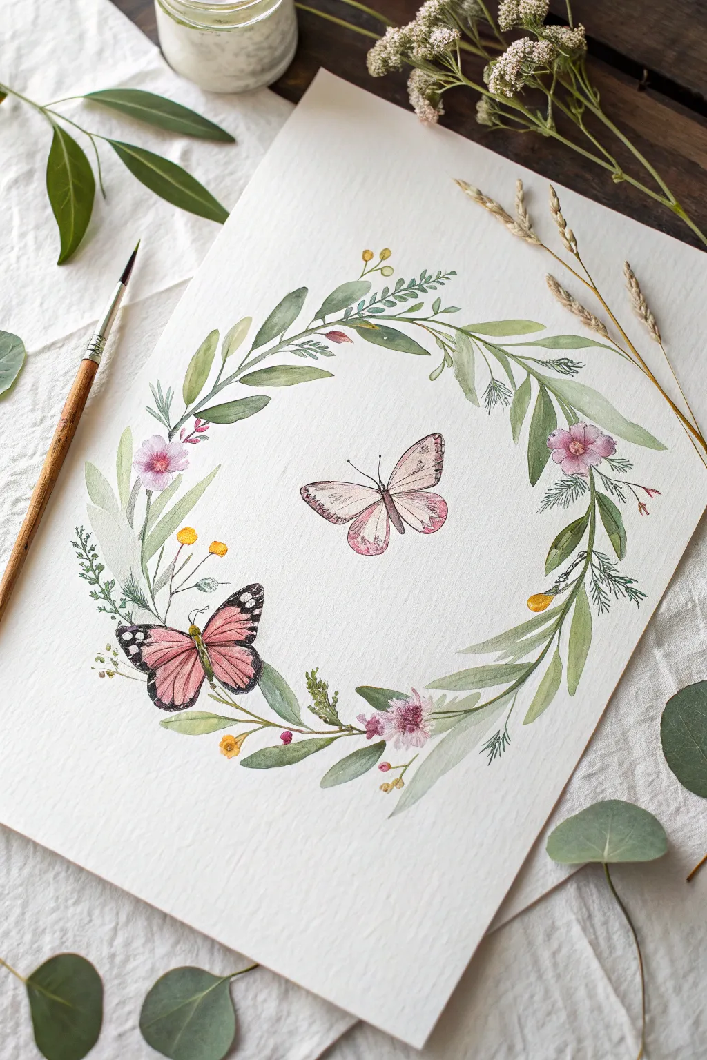 Minimalist wildflower wreath with butterflies, soft greens and bright wing details in focus