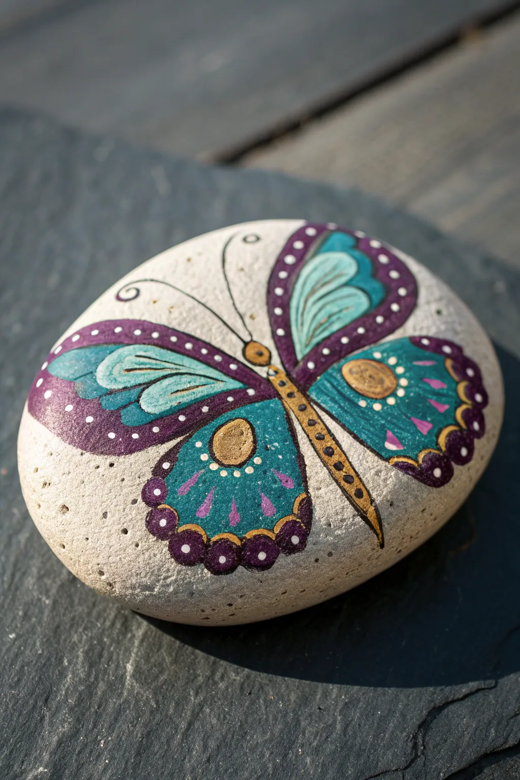 Fantasy butterfly rock with jewel eye spots in turquoise, gold, and deep purple on dark slate