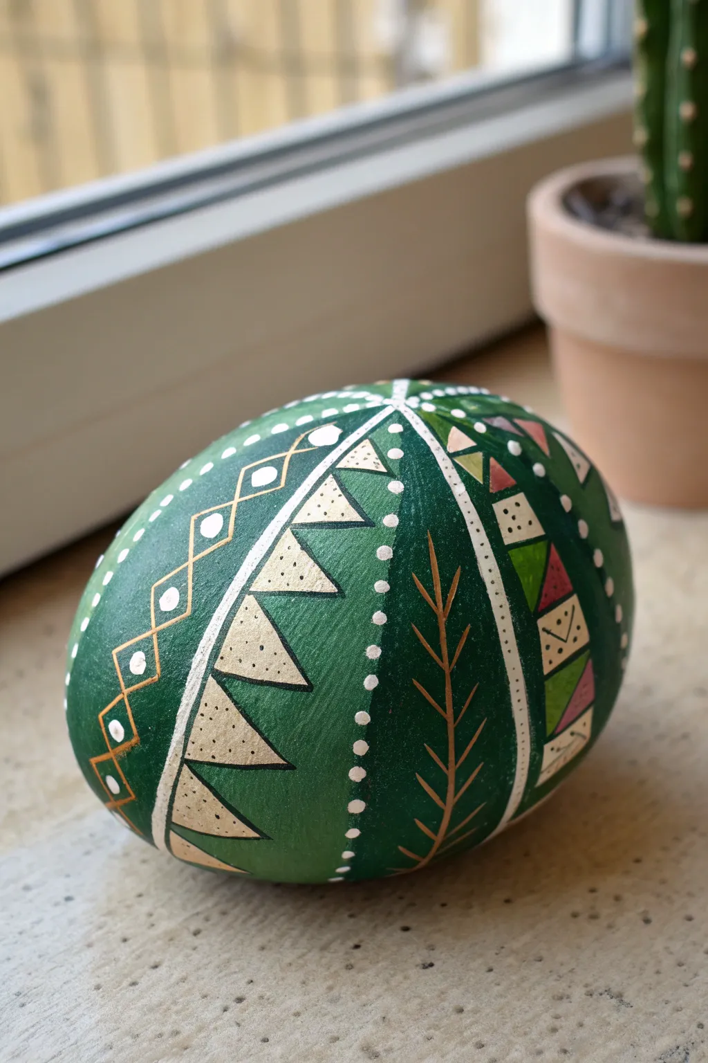 Minimalist cactus rock with crisp geometric bands, a chic DIY idea for modern boho decor