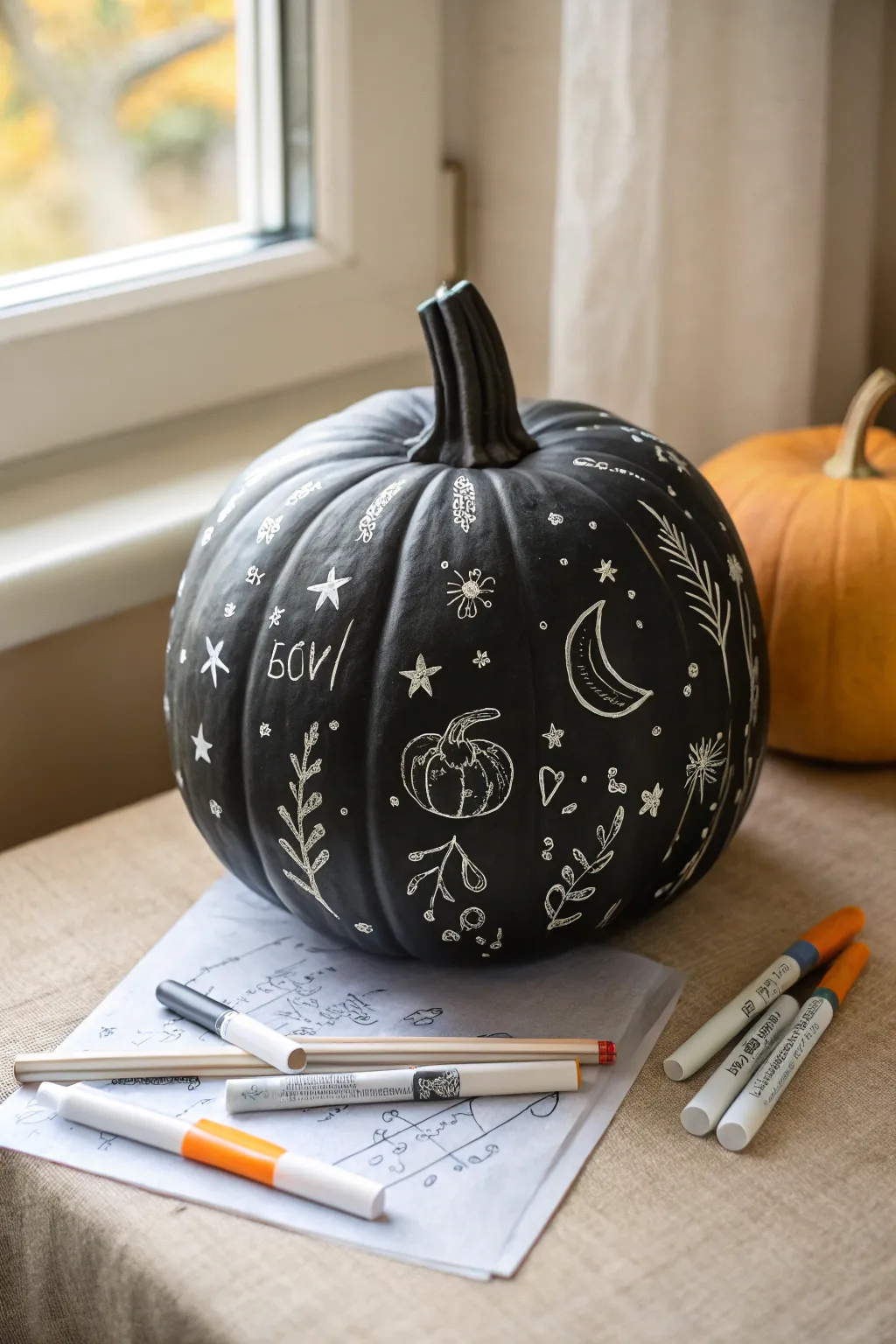 Matte black pumpkin with playful white chalk doodles for a cozy minimalist fall craft.