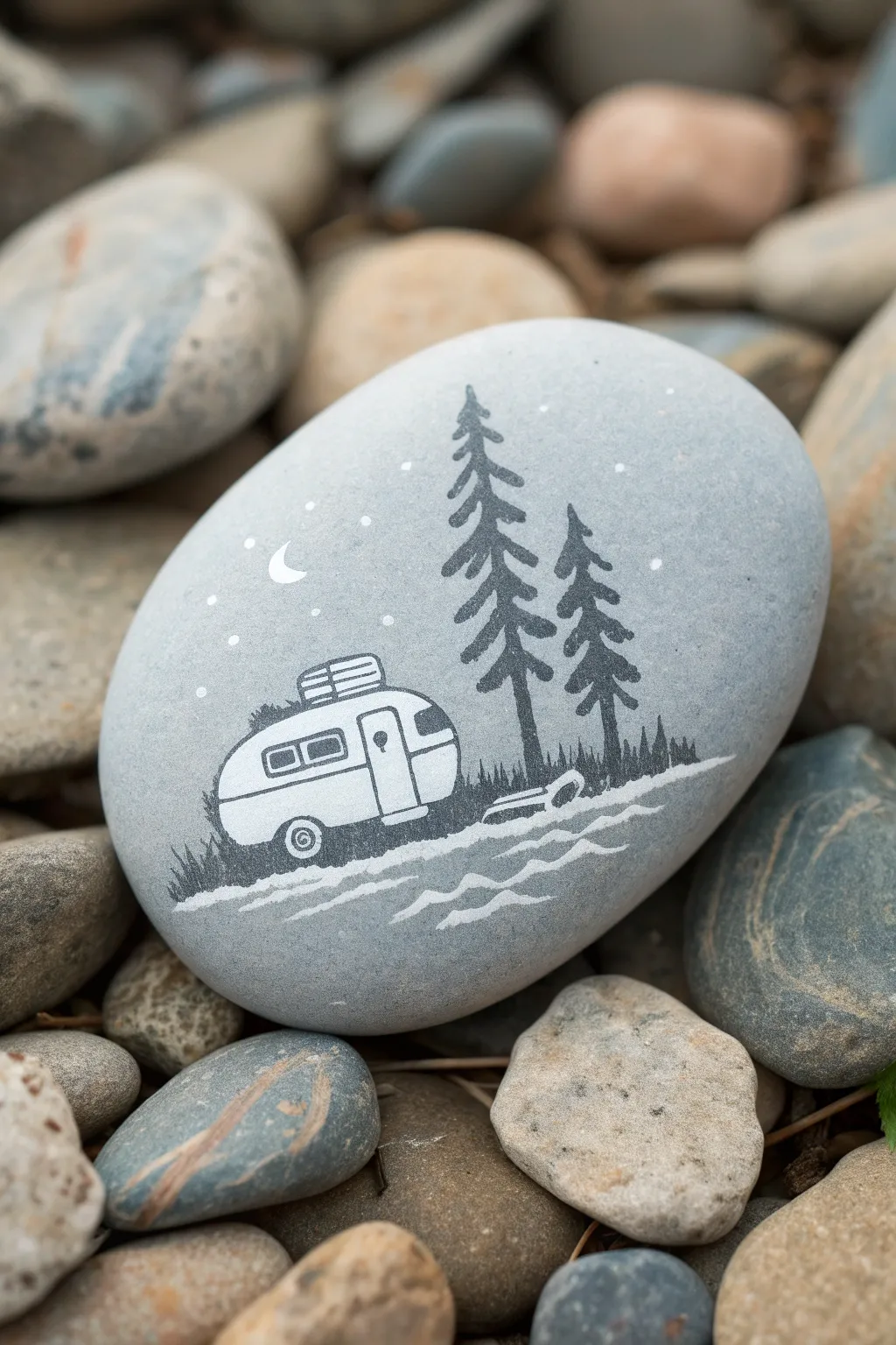 Lakeside camper rock painting with a simple canoe detail, soft reflections, and clean contrast