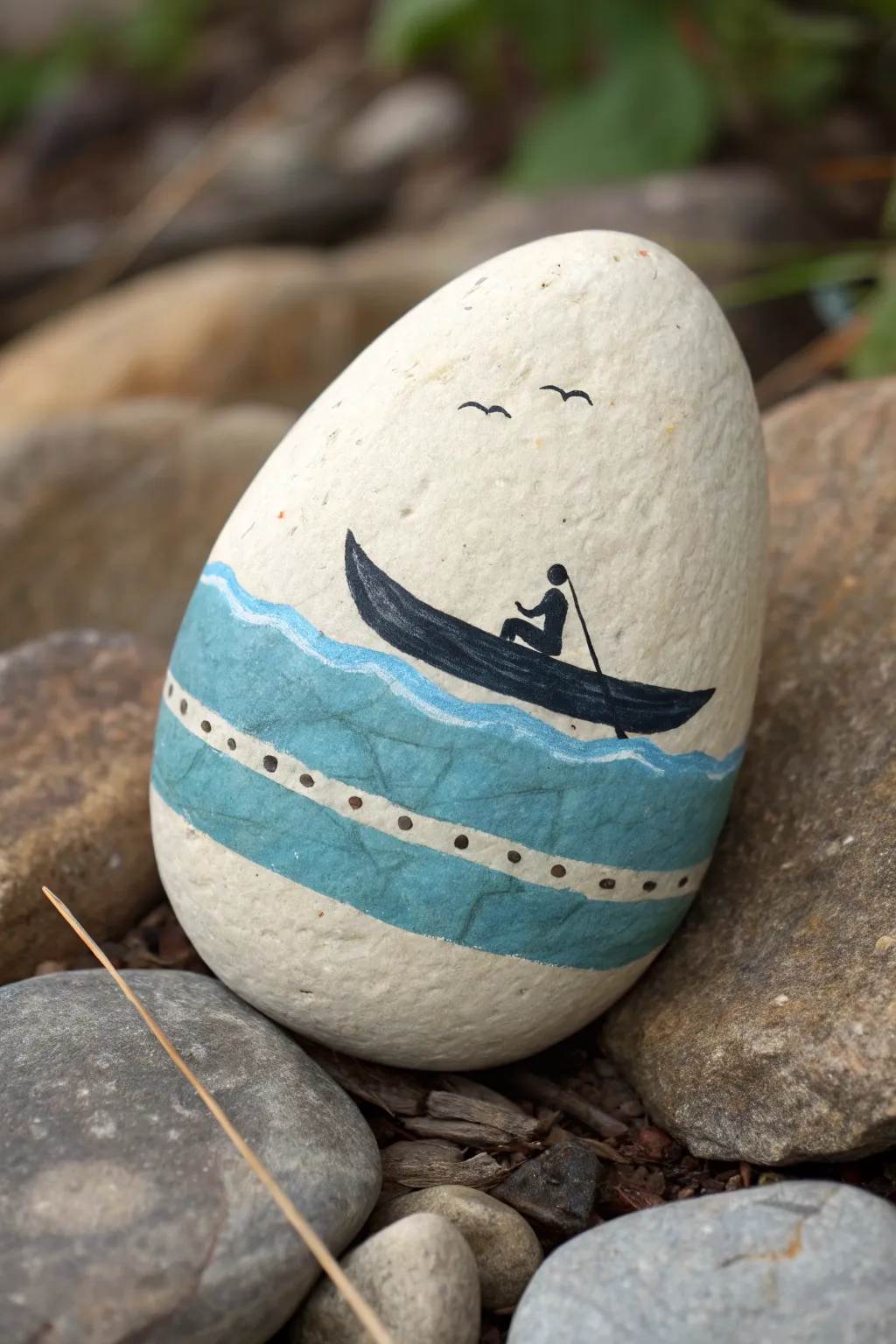 Minimal canoe painted rock on calm blue water, Scandinavian-boho camping craft inspiration