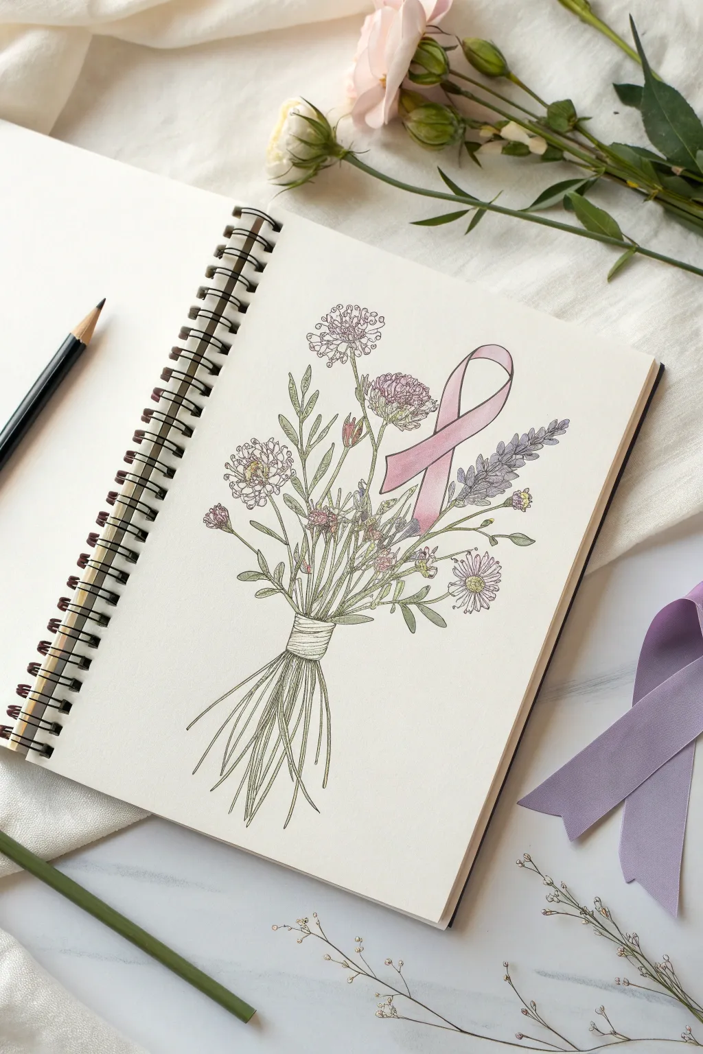 Gentle floral bouquet with awareness ribbon, minimalist linework for hopeful cancer art.