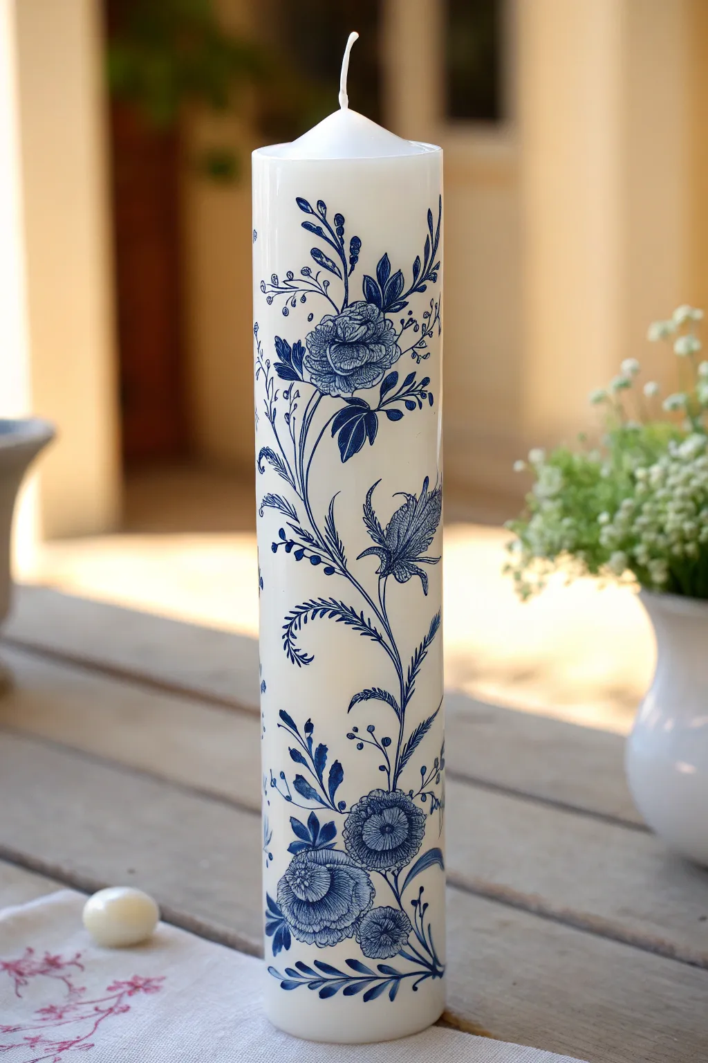 Mimic the elegance of antique china with this delicately painted blue pottery candle design.