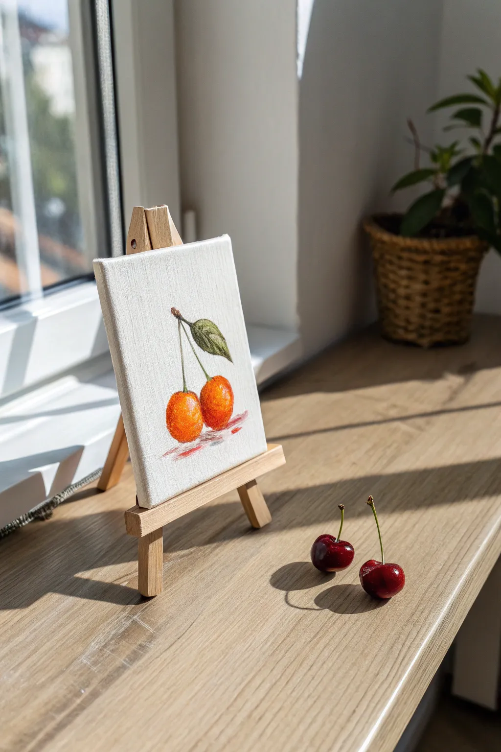Tiny fruit still life on a canvas board with bold light and shadow, simple and soothing.