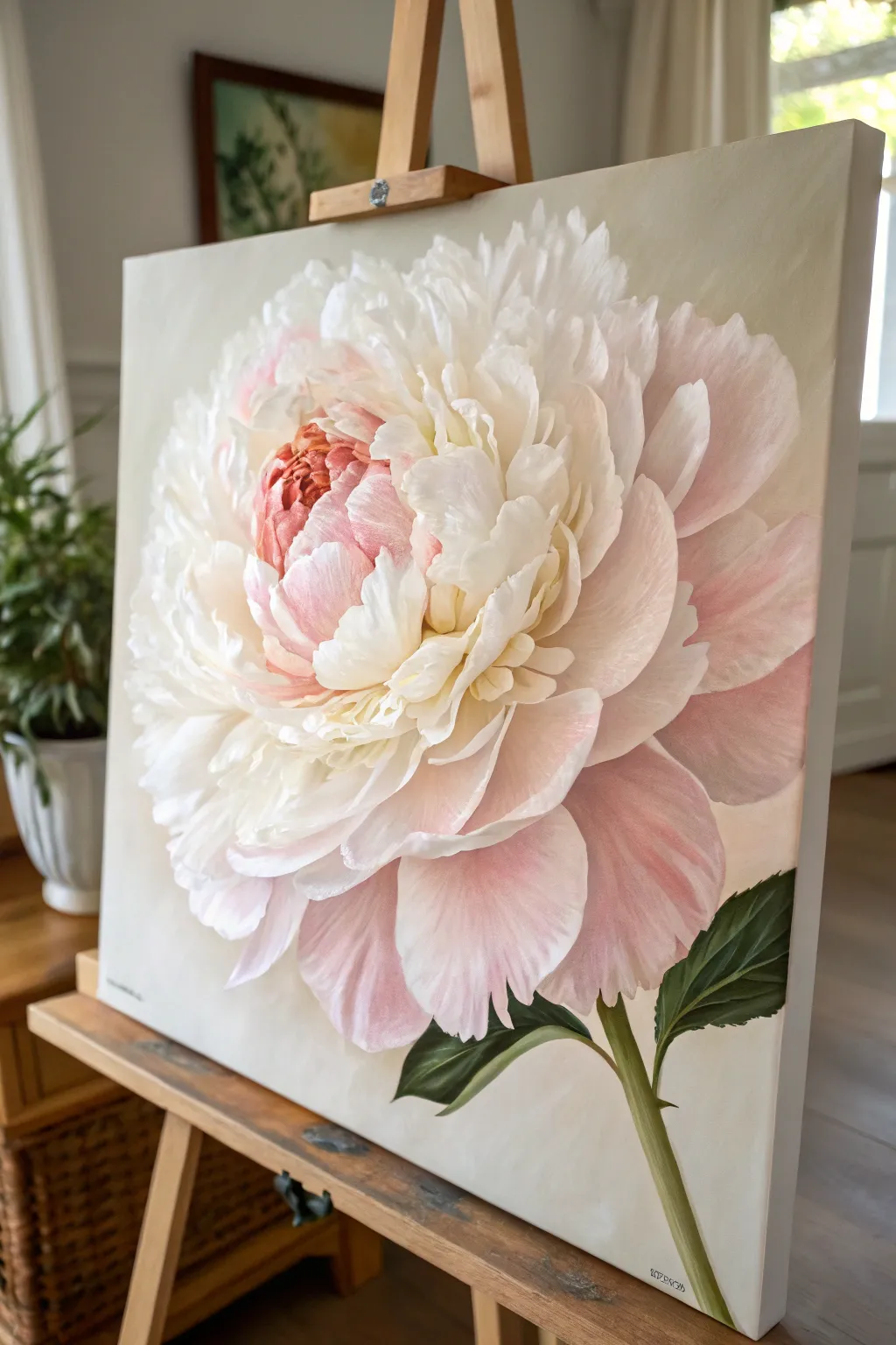 Soft-blended peony puff in blush and cream, with ruffled edges and crisp contrast.