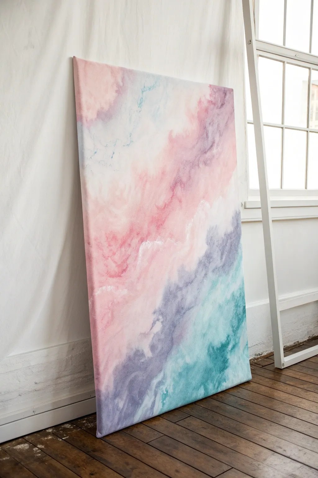 Dreamy abstract sky washes on canvas with soft blends and lifted highlights, minimalist and serene