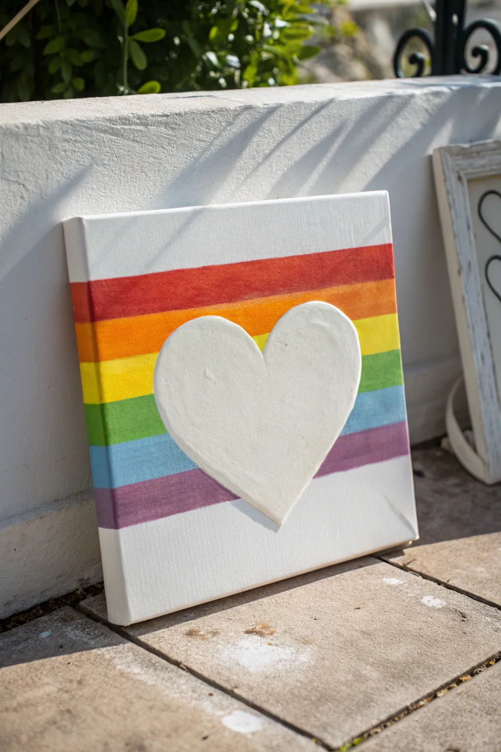 Crisp tape-resist rainbow heart on a clean white canvas, a fun and polished kid-friendly project.