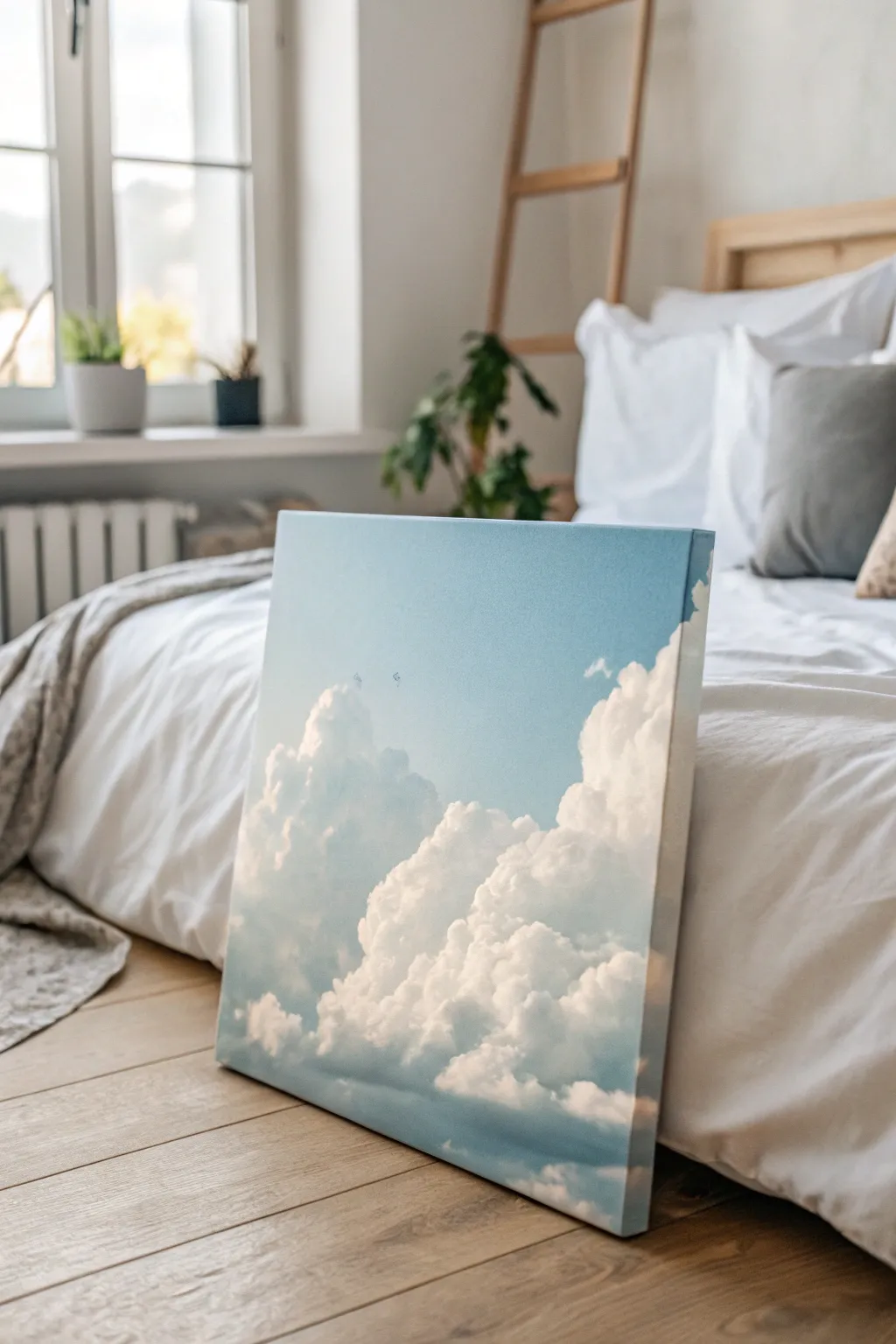 Floating cloud canvas art: pale blue, soft whites, and negative space for a light bedroom wall.