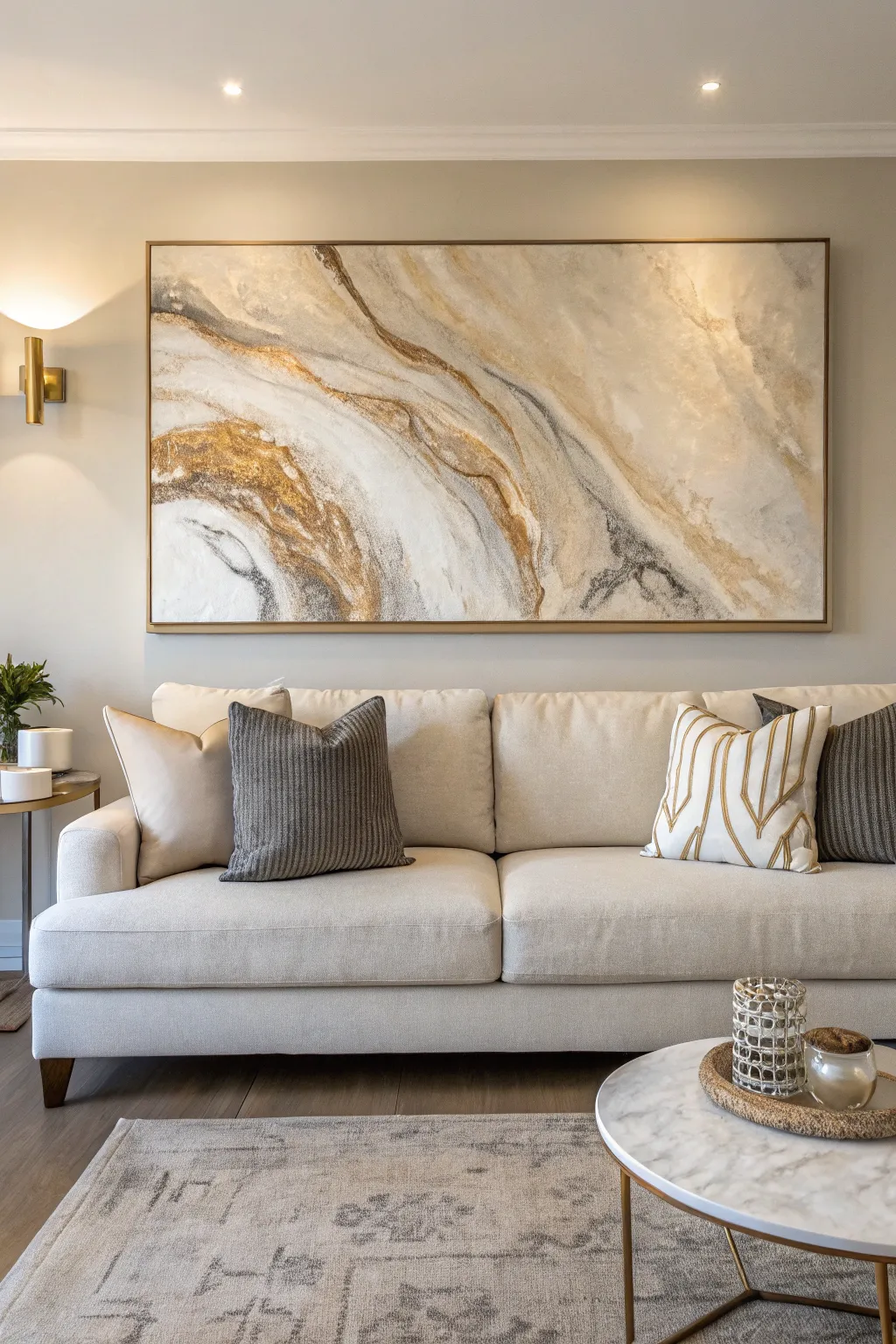 Neutral fluid acrylic swirls with metallic gleam, styled above a minimalist sofa for long-wall flow