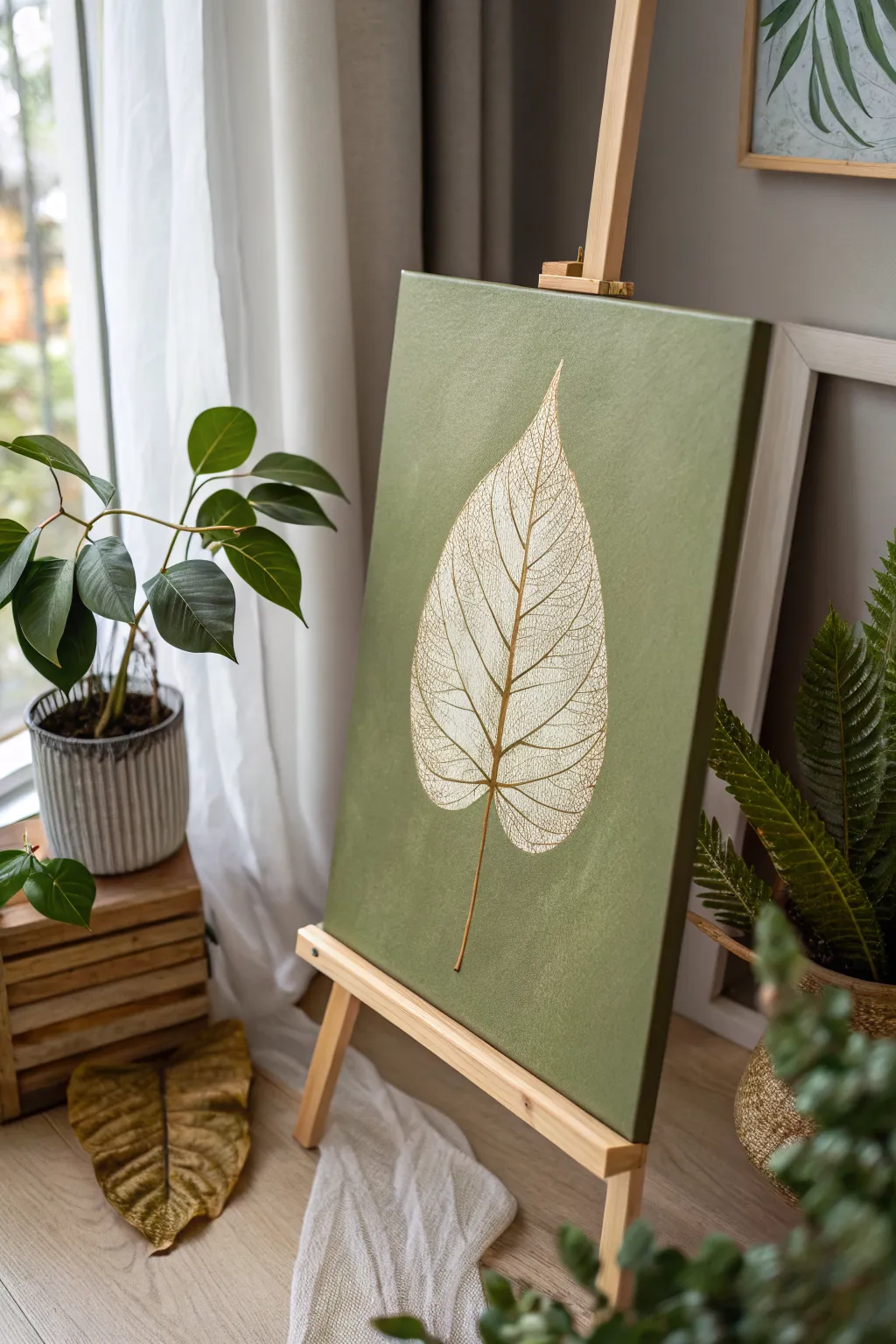 Olive-green background with one centered leaf, a bold minimalist boho canvas painting idea