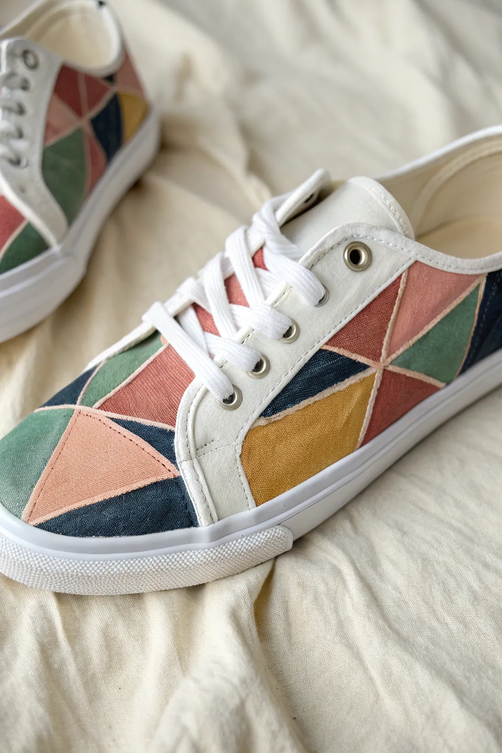 Graphic color-block canvas shoe with crisp panels and bold contrast, minimal Scandi-boho vibe