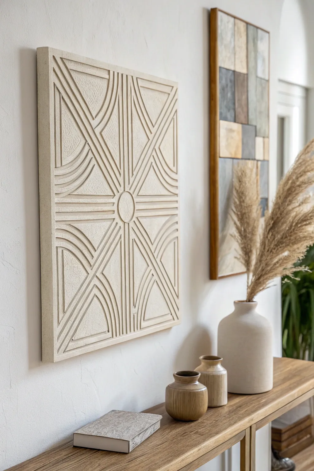 Geometric canvas wall art with crisp lines and a calm Scandinavian boho palette, minimal.