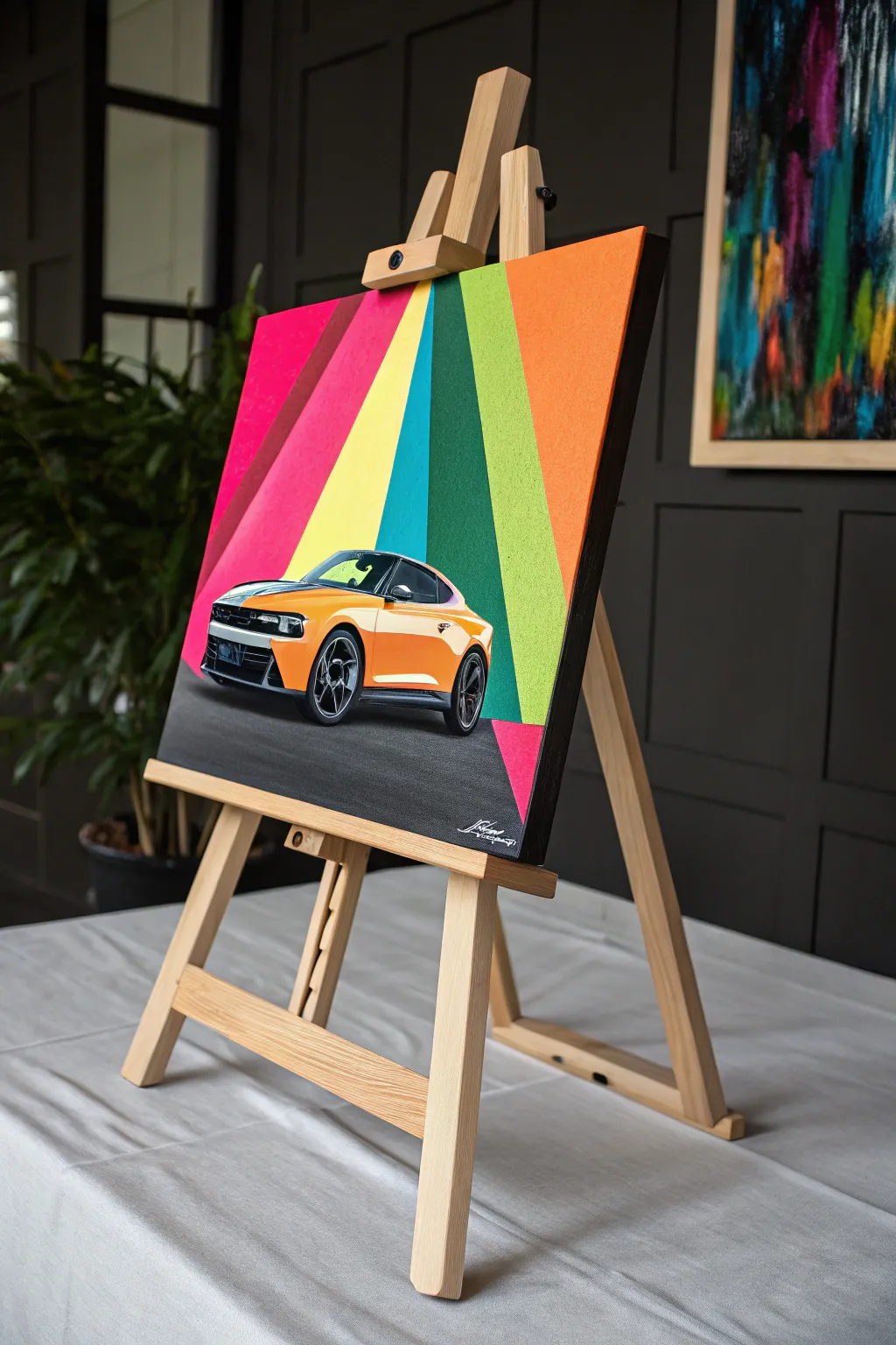 Neon color block car on deep charcoal, crisp graphic shadows for a bold minimalist pop.