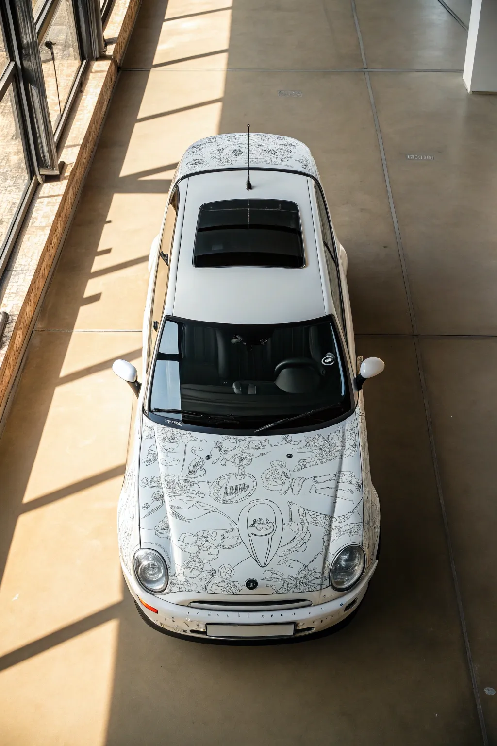 Top-down view of a white car wrapped in intricate black doodle linework, bold and minimal.
