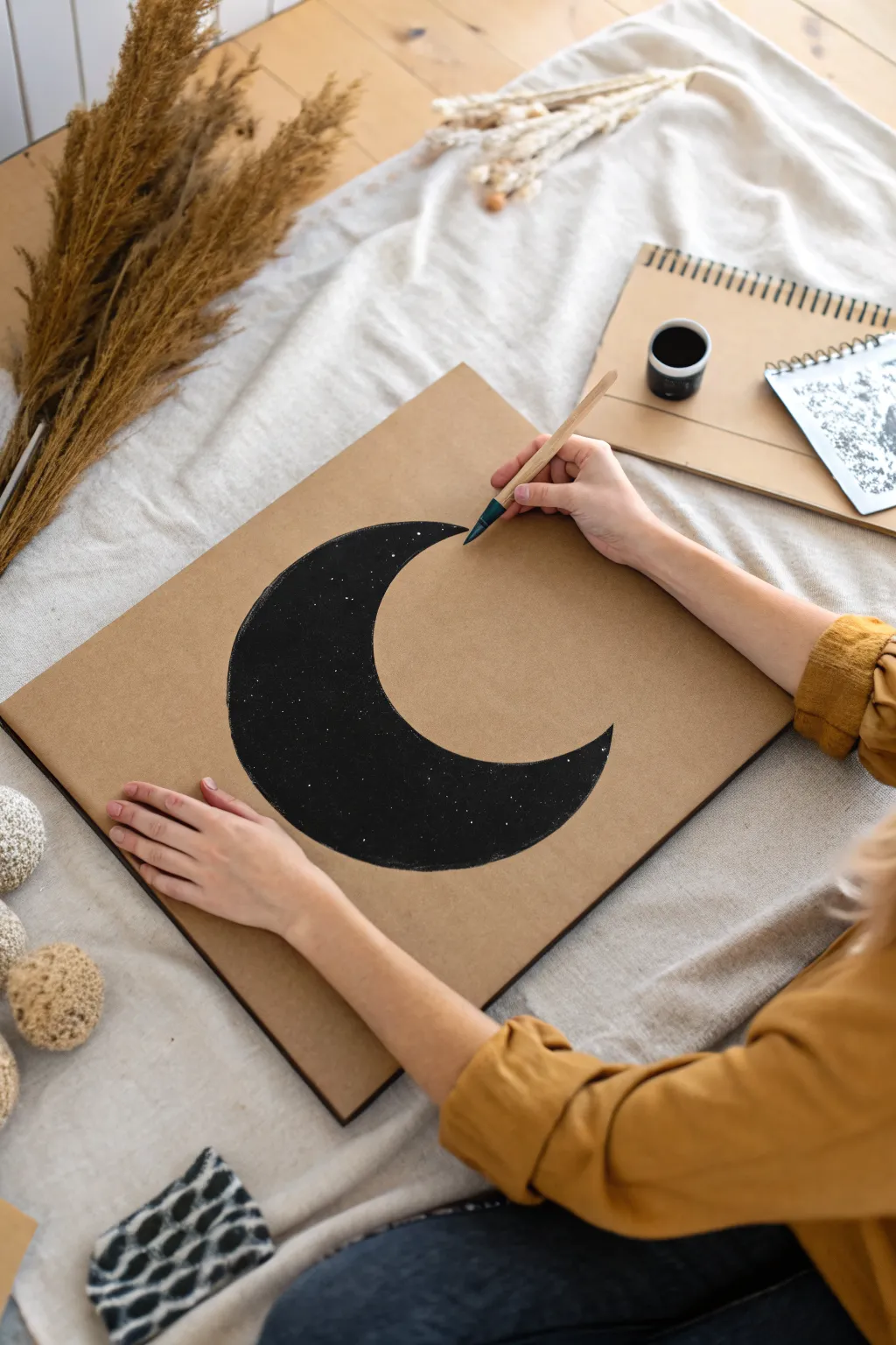 Crisp moon shapes with a simple cardboard stencil for clean, bold marks on recycled board