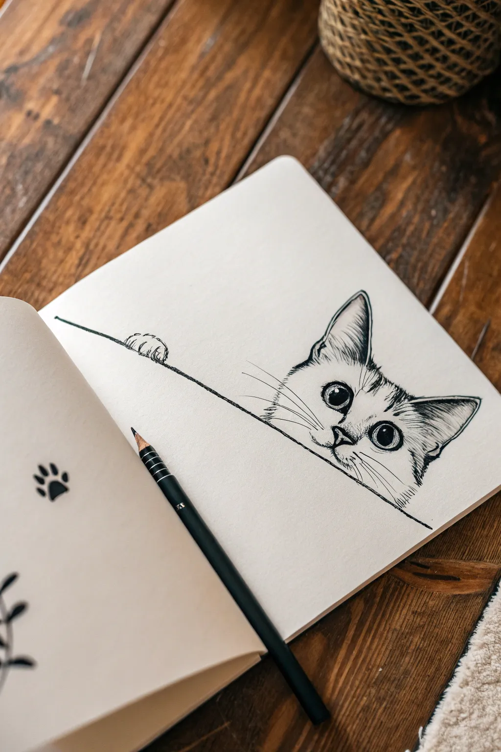 Simple peekaboo cat doodle: eyes, ears, and paws peeking over a clean line on warm paper.