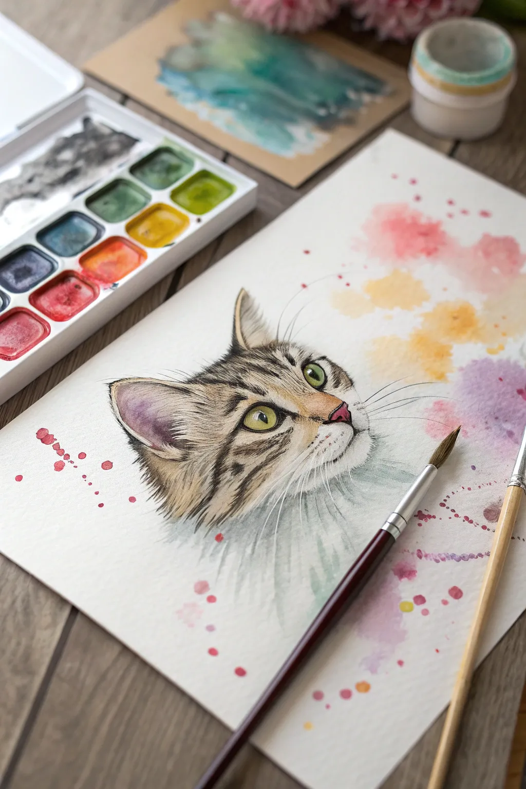 Modern watercolor splash cat face with crisp eyes and bold blooms, minimalist boho vibe