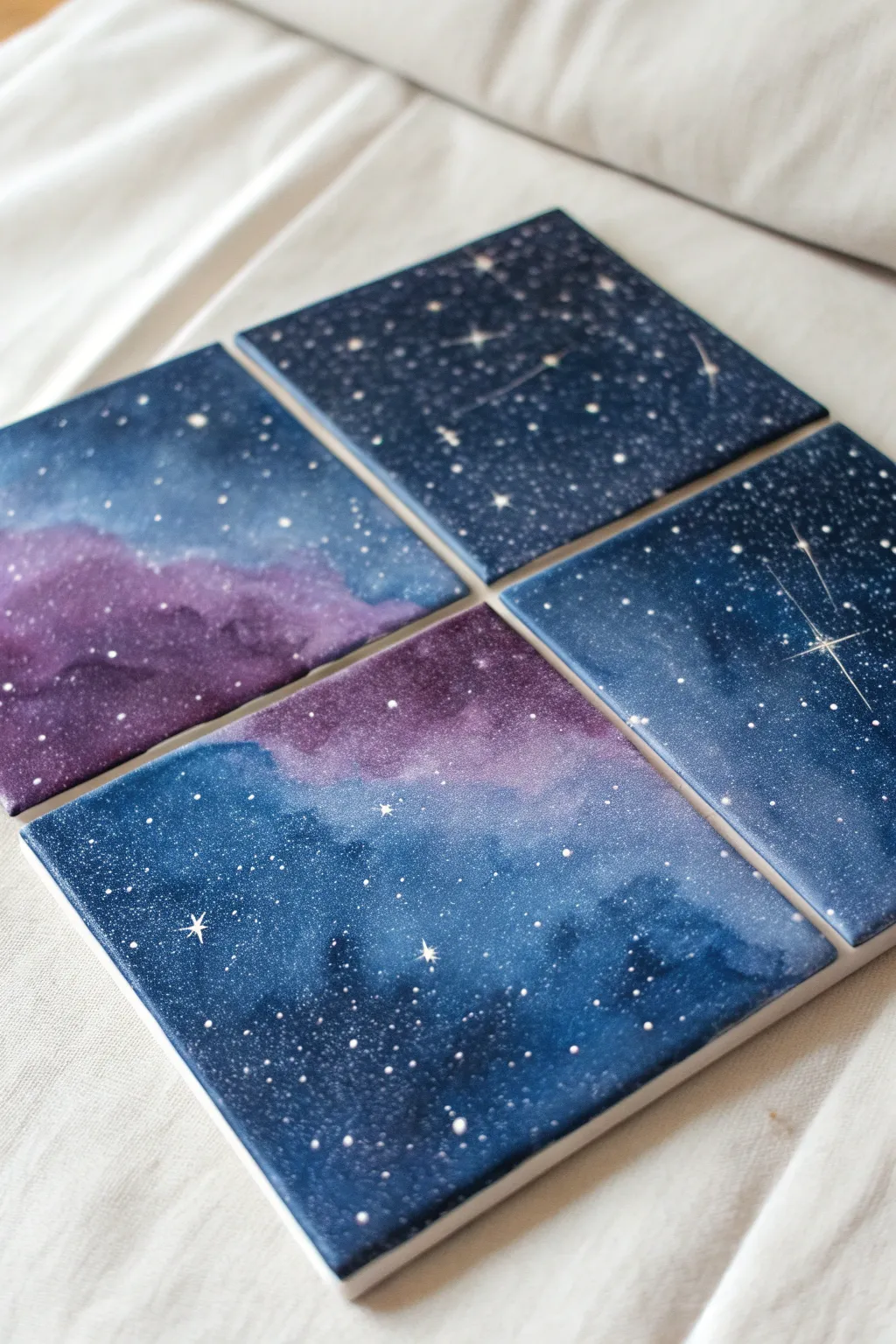 Night sky galaxy ceiling tile with hand-splattered stars and dreamy purple-blue nebulas