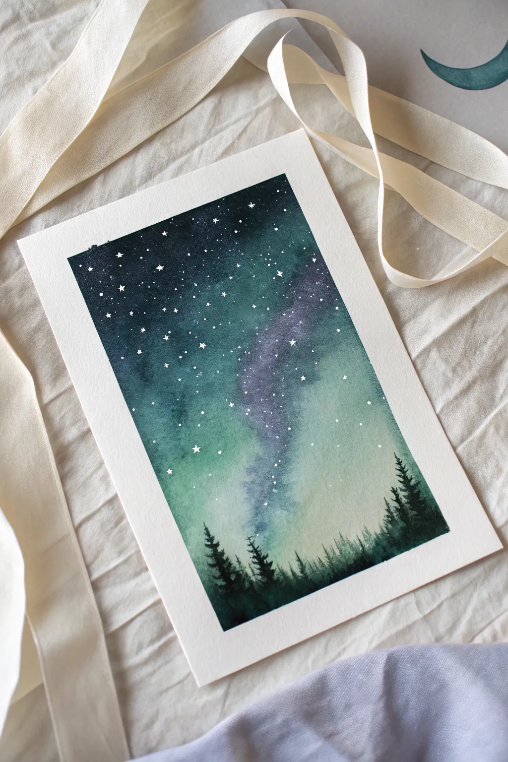 Paint a glowing aurora in soft greens and violets drifting over a crisp midnight star field.