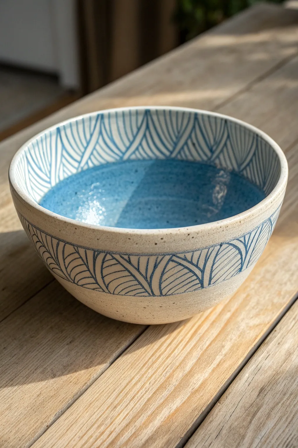 Crisp blue-and-white sgraffito bowl with bold contrast, carved lines, and artisanal texture.